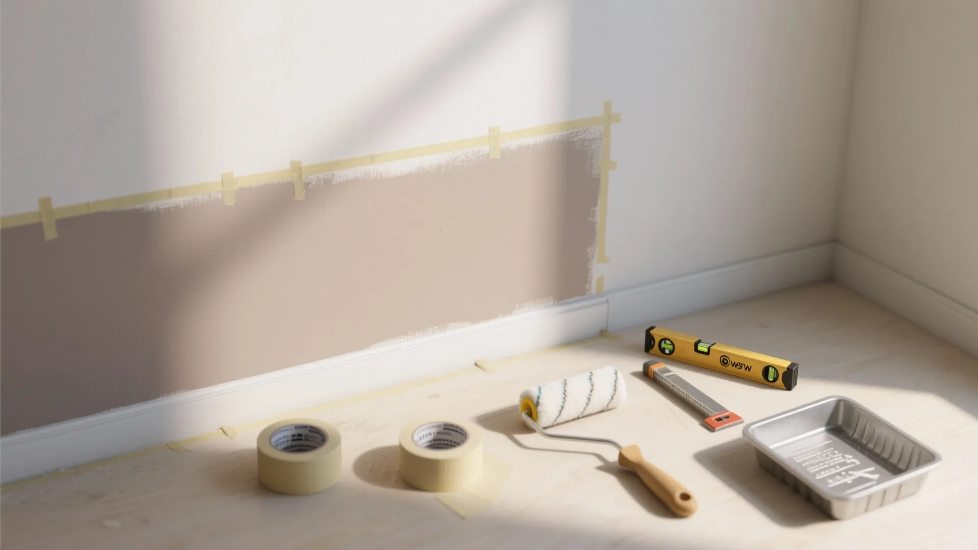 Top-down painting setup showing a crisp two-tone split with tape, laser level, roller, and brush.