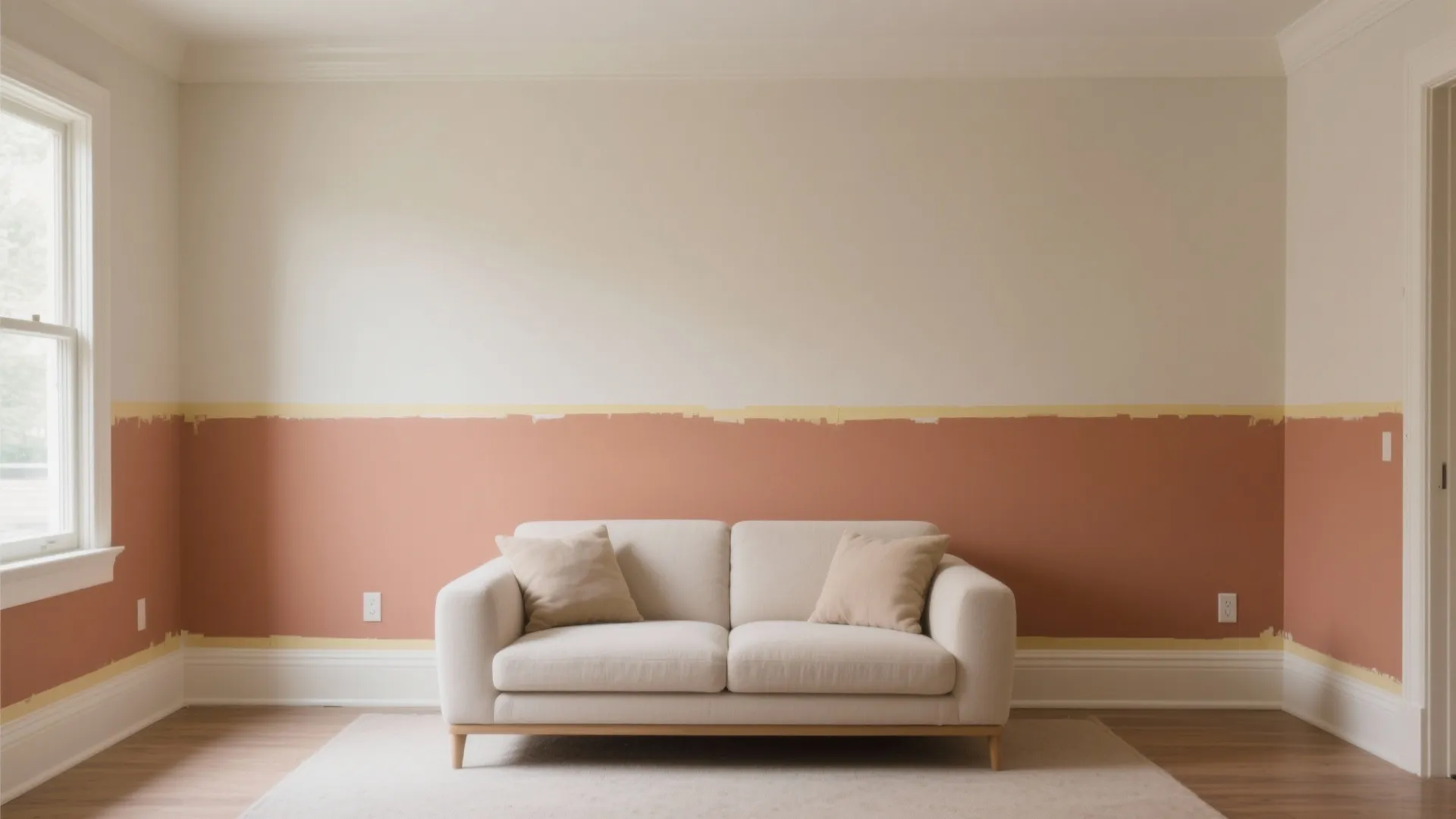 Living room featuring white sofa and two pillows against cream and pink two tone wall