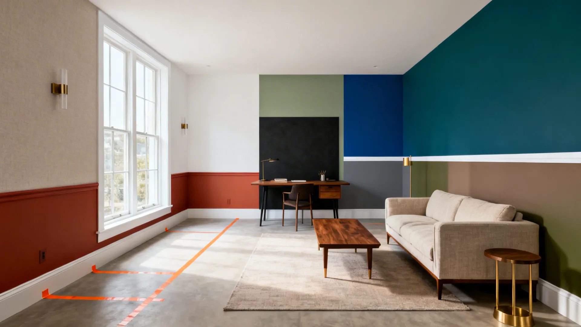 Living room with colorful walls featuring sofa coffee table desk and a large bright window