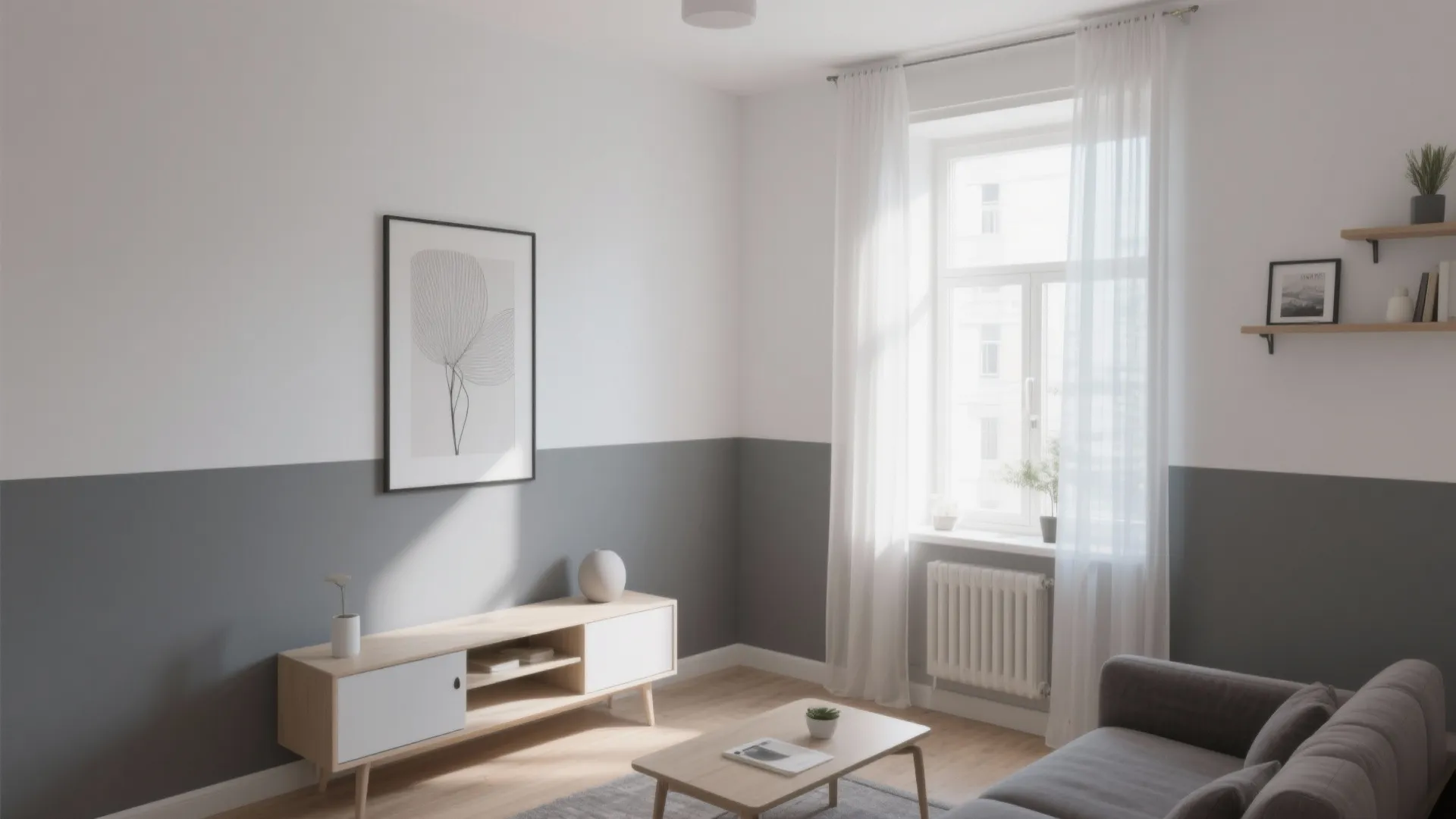 Minimalist room with grey and white walls wooden cabinet coffee table and white curtains near window