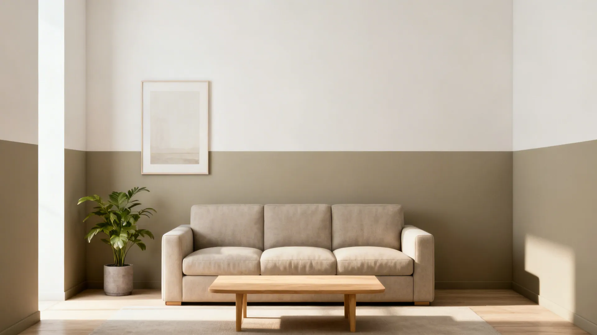 Two-tone living room wall with warm greige below and off-white above at 65% height.