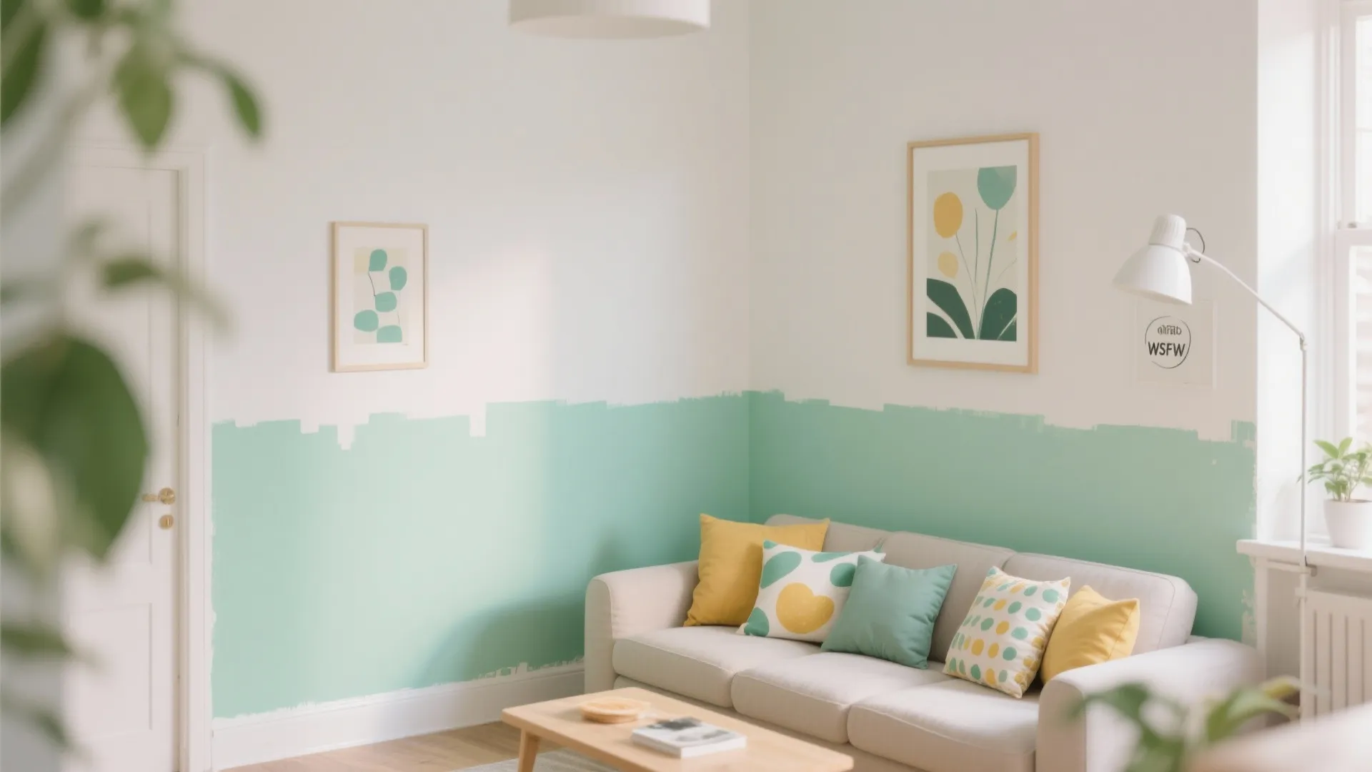 Living room with mint green half painted wall white sofa yellow pillows and wall art