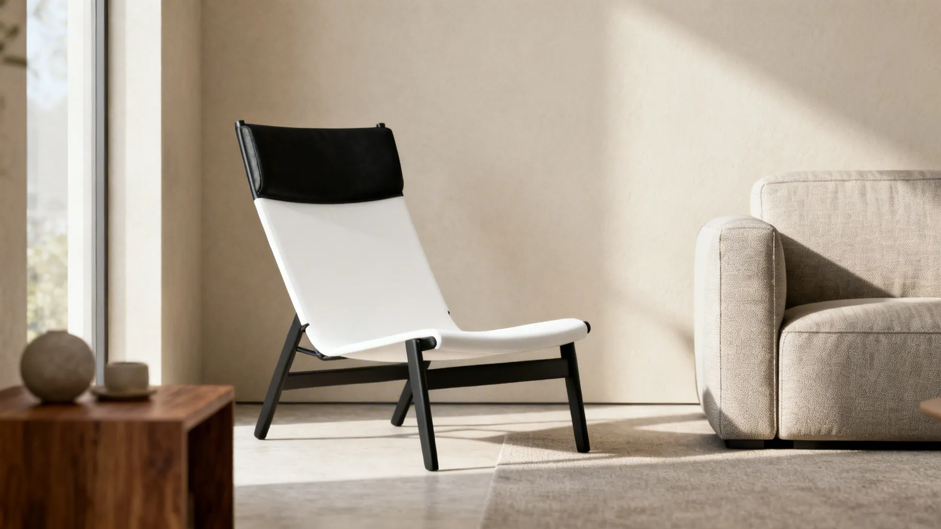 Two-tone lounge chair in a compact living room with wood accents