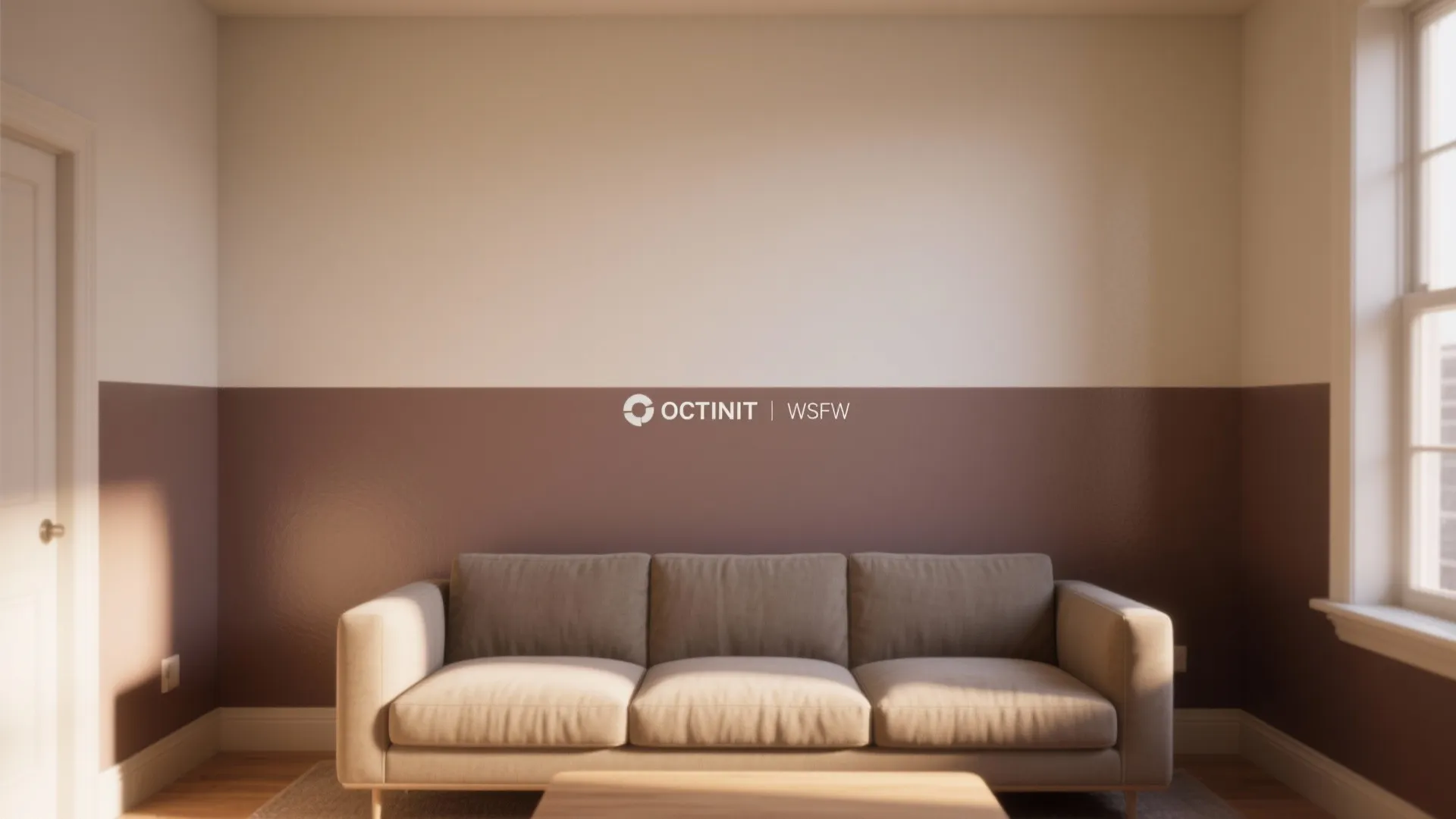 Simple living room with two tone wall paint and a beige sofa near a bright window