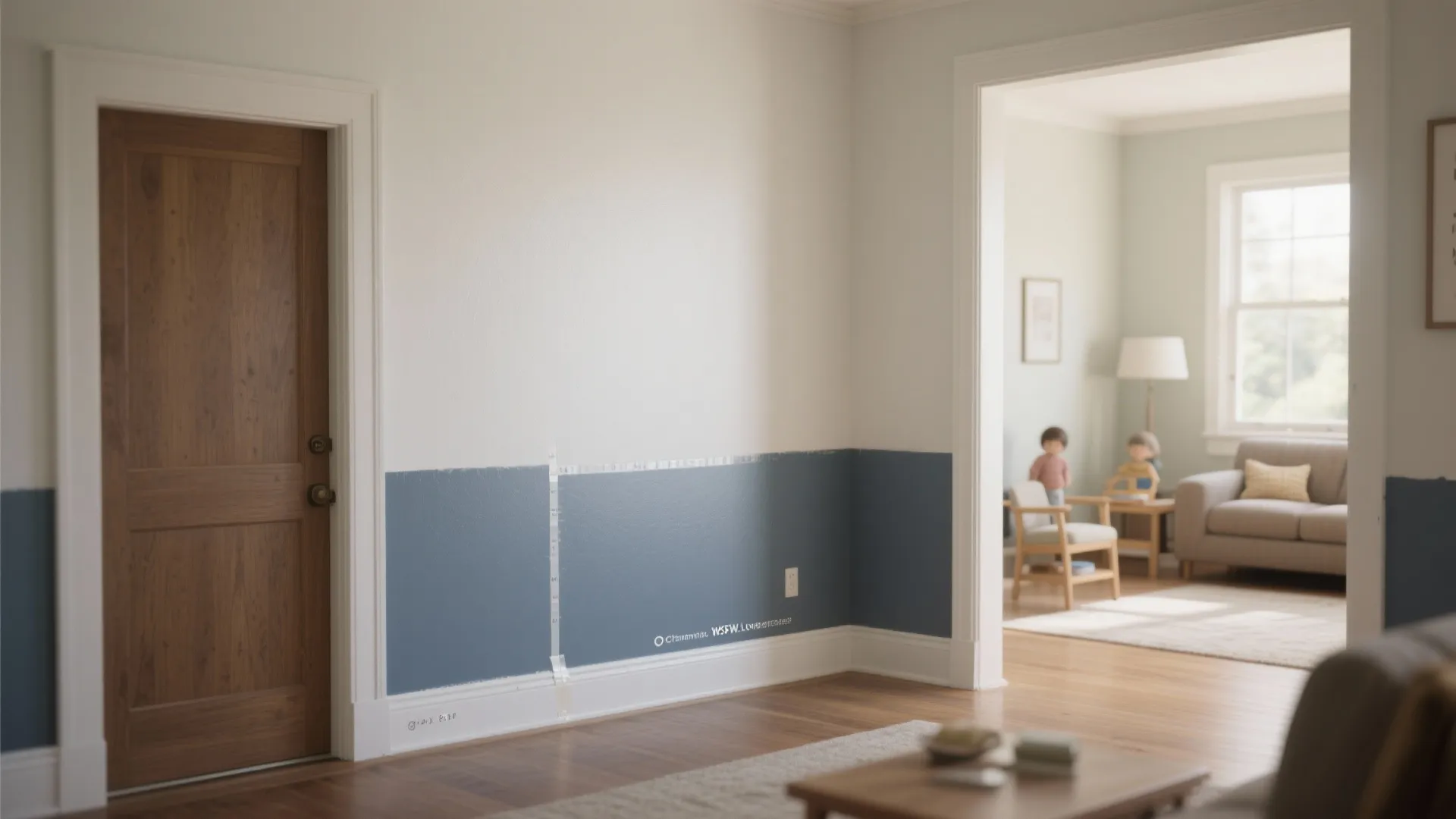 Room wall with blue paint on bottom half and white on top beside wooden door frame