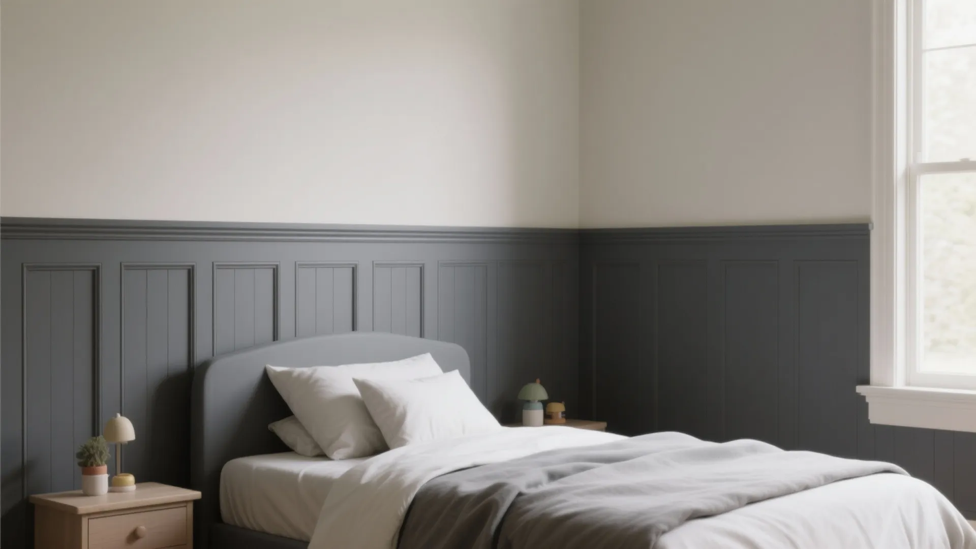 Bedroom with dark gray lower walls and light upper walls separated by a thin trim band for a classic two-tone look.