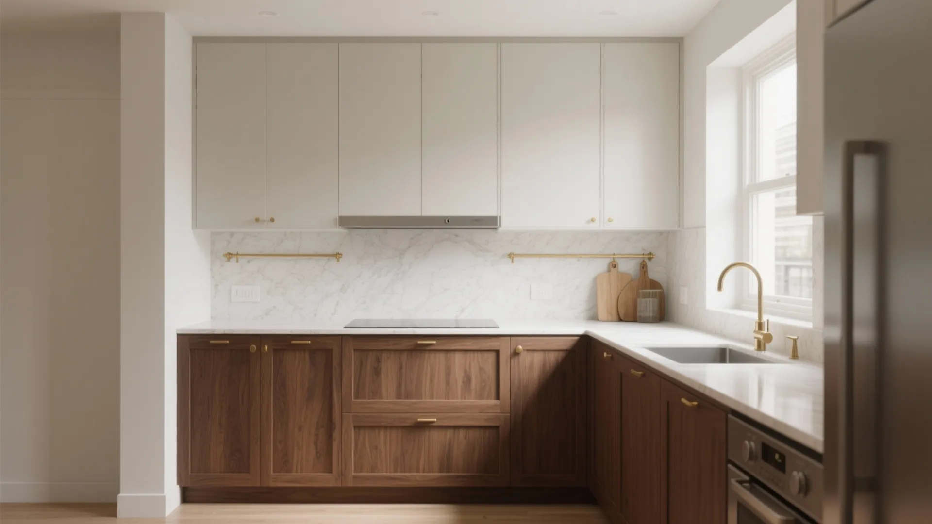 Two-tone kitchen with brown shaker bases and warm white uppers in a bright compact space.