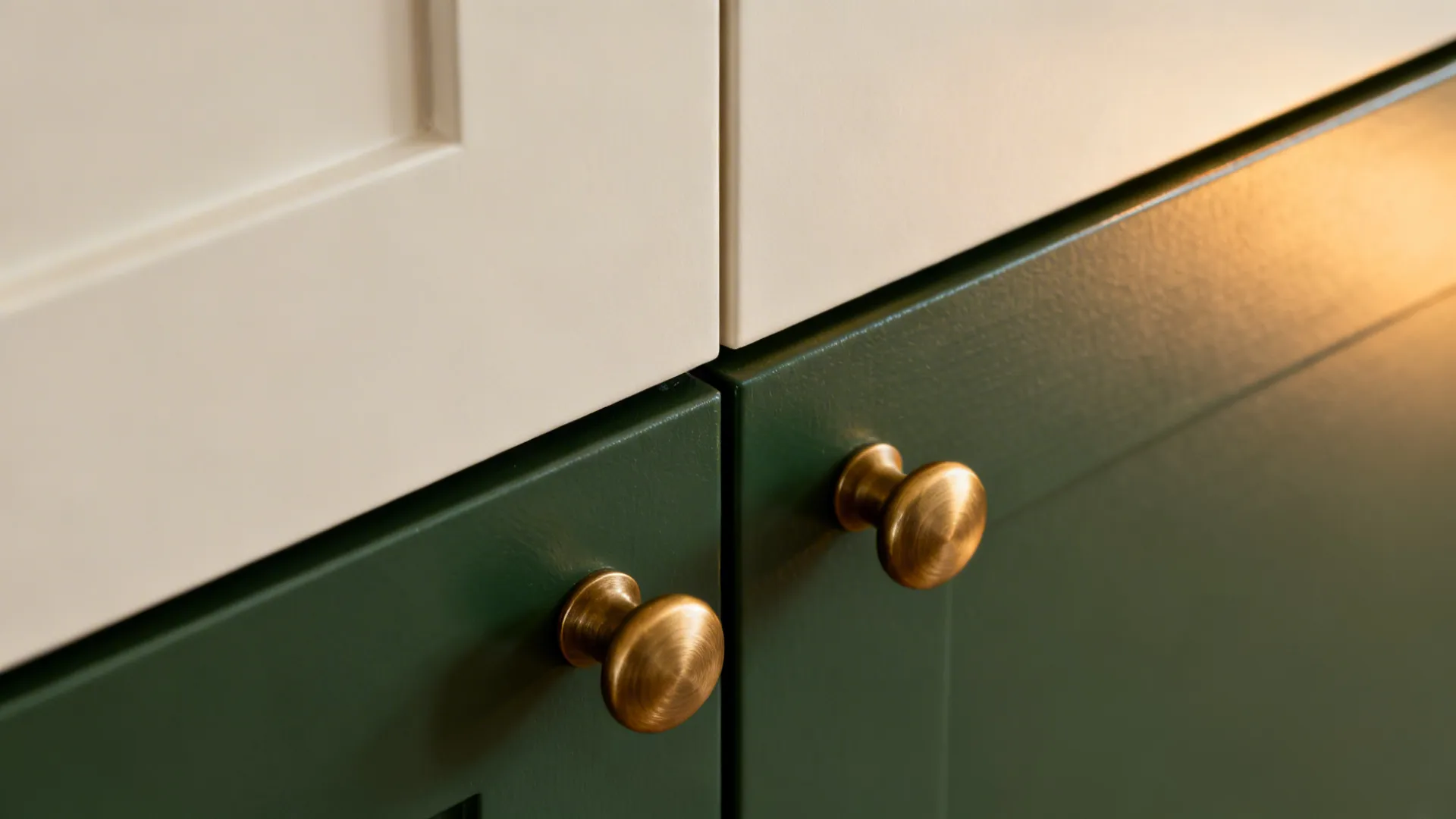 Macro of forest green base cabinet with brushed brass pull and off-white upper door.