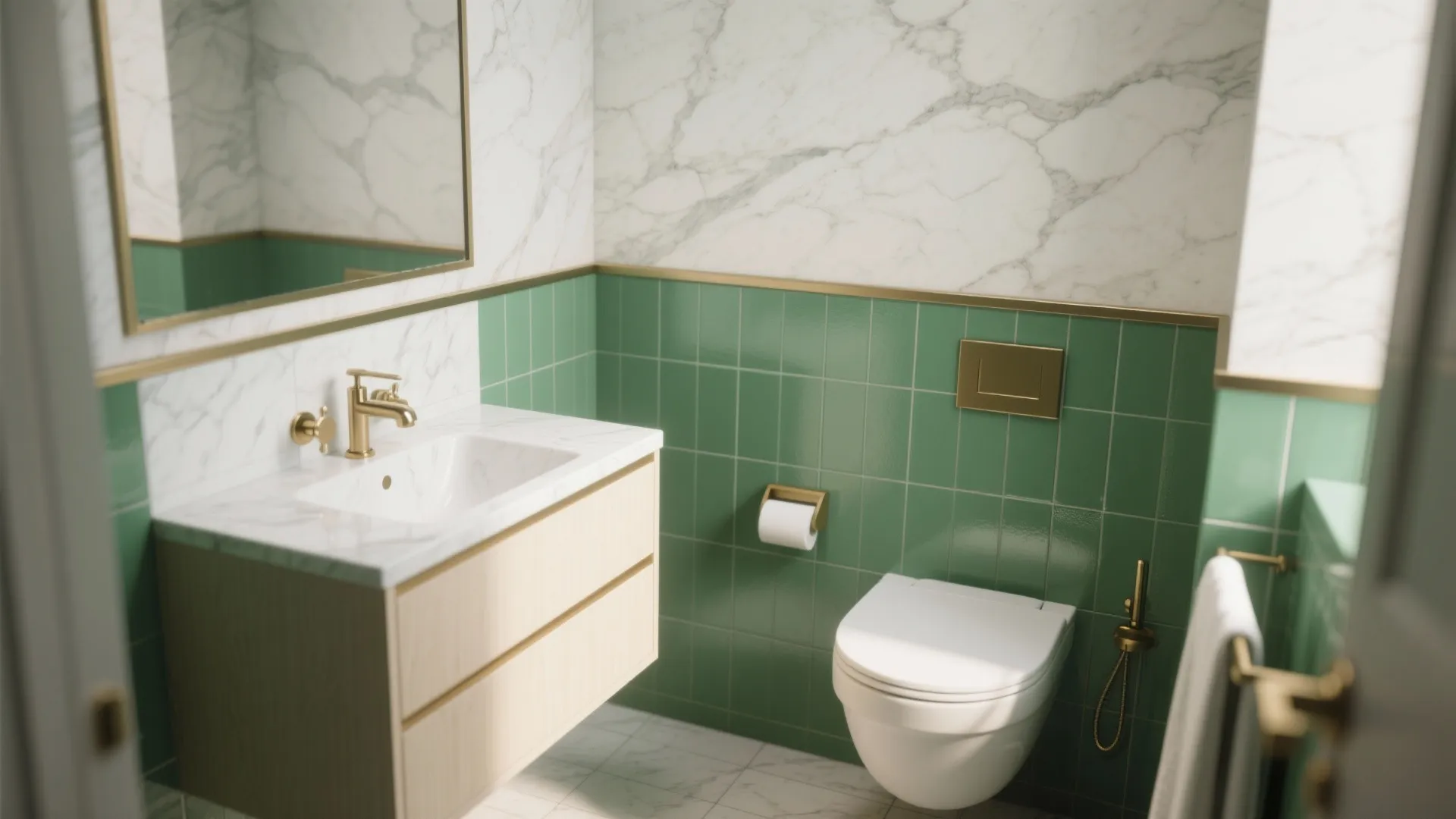 Modern bathroom with marble wall panels green tiles white toilet gold faucet and wooden vanity