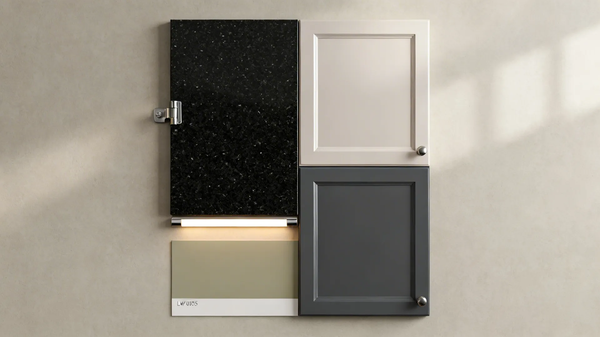 Top-down flat lay of black granite, deep gray and pale cabinet samples, and greige paint swatch.