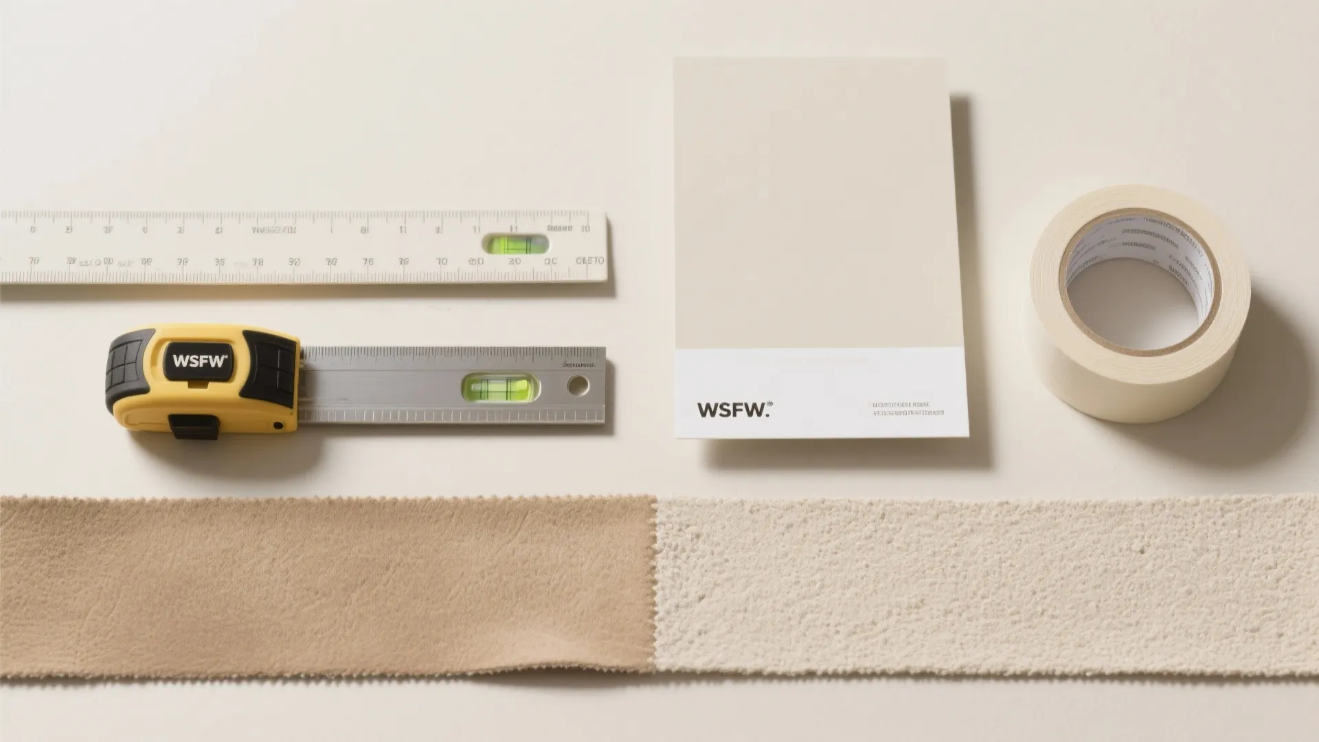 Selection of home design tools including a measuring tape level ruler and beige paint samples