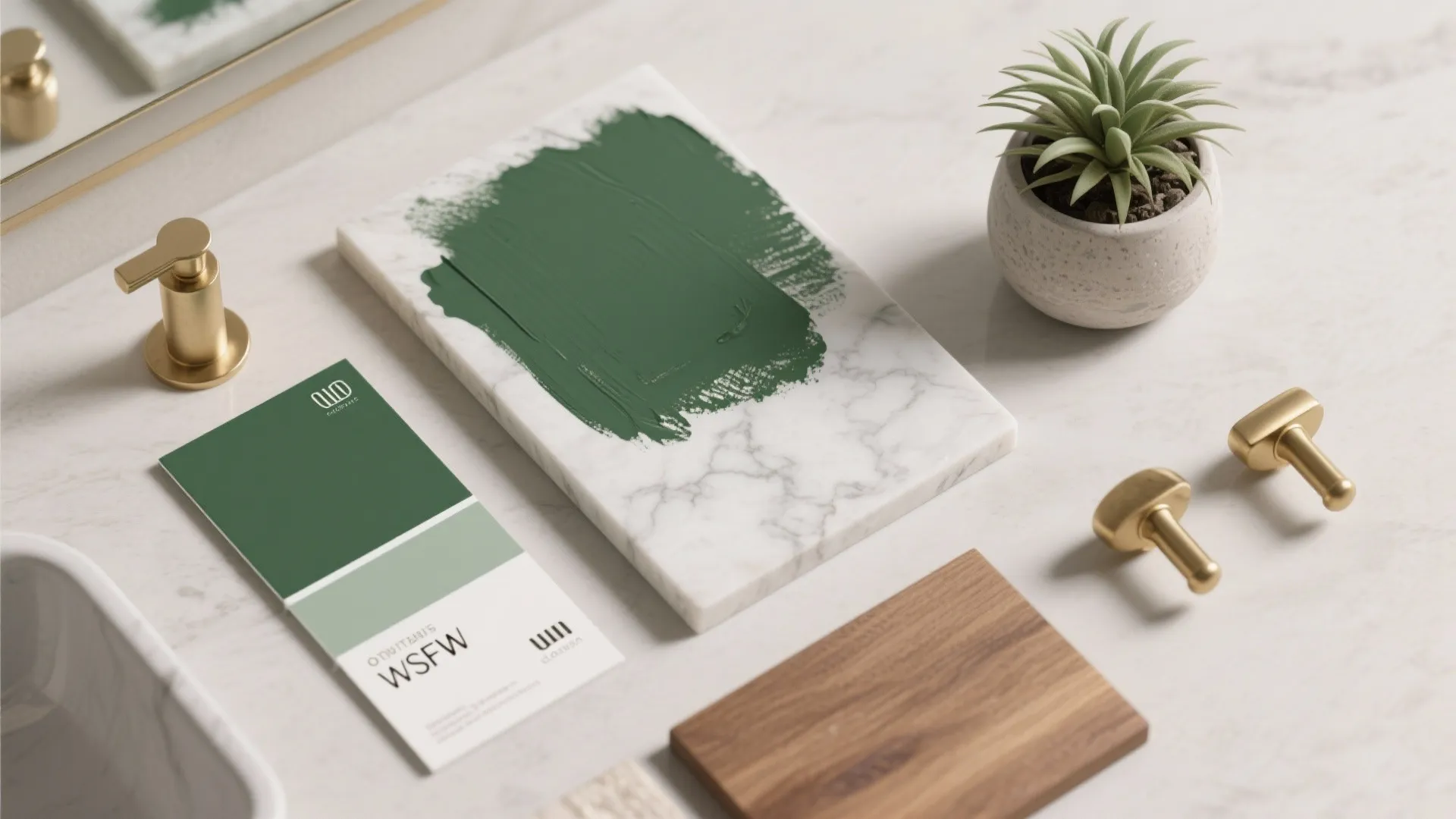 Material flatlay of moss-green paint, light marble sample and brass hardware for a two-tone vanity