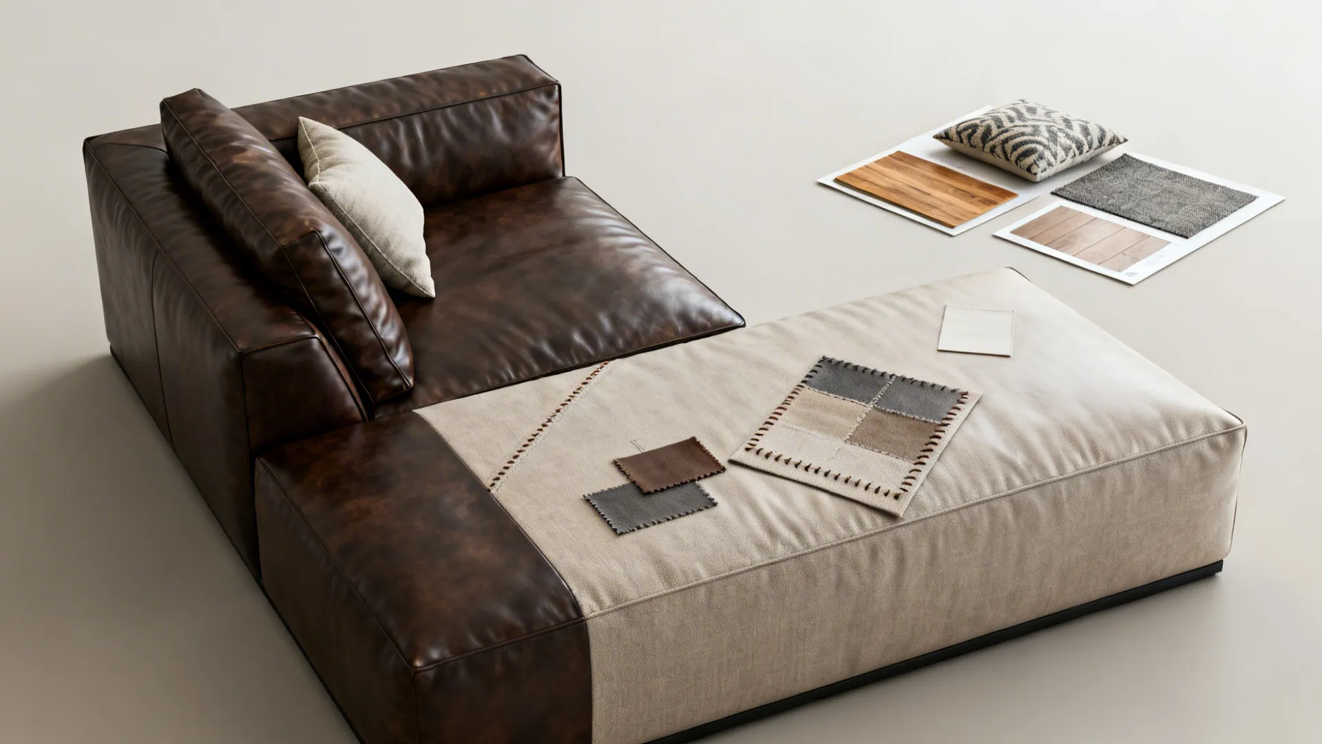 Flatlay of two-tone leather swatches showing lighter chaise material and darker main sofa leather with fabric samples.