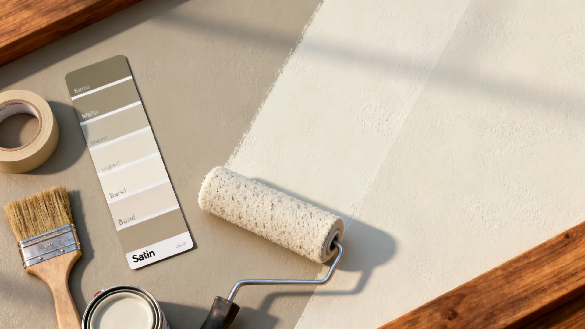Flatlay of paint swatches, tape, and tools showing warm greige and off-white for two-tone blocking.