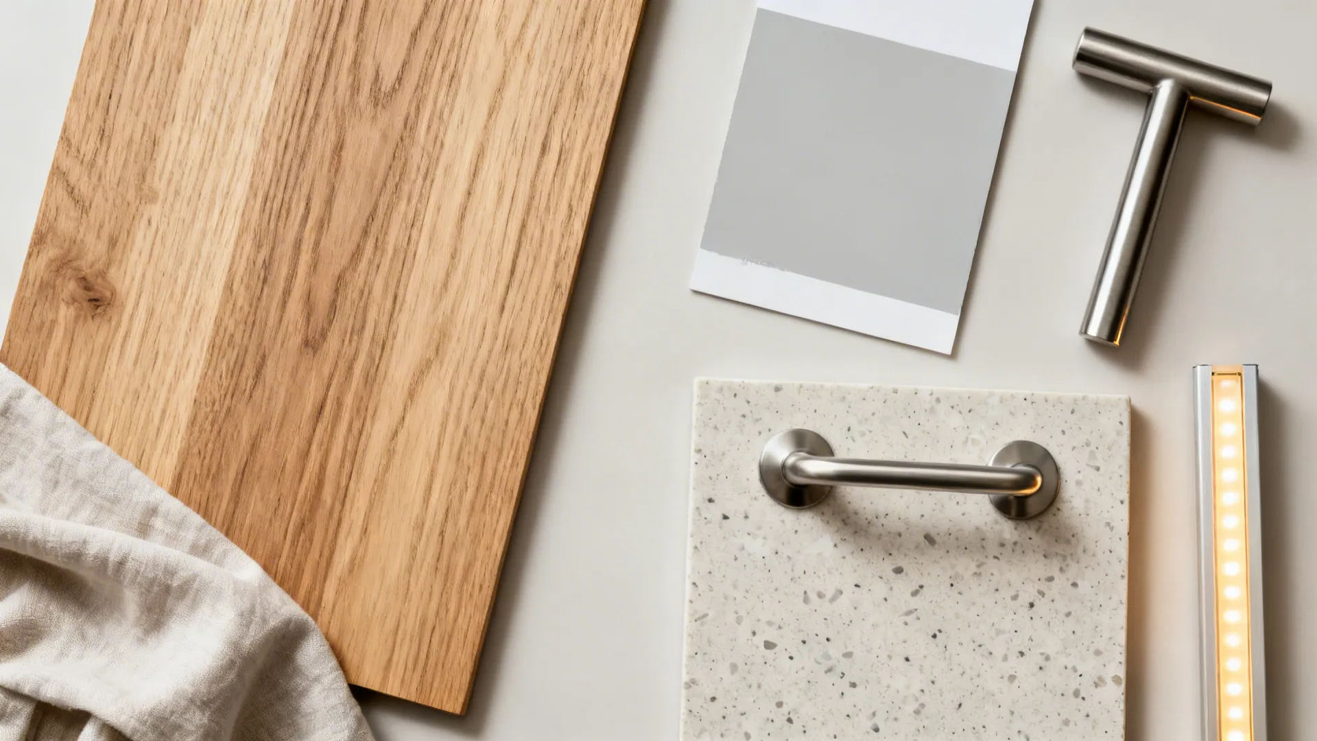Collection of interior design materials including wood panel stone tile metal handles and light strip