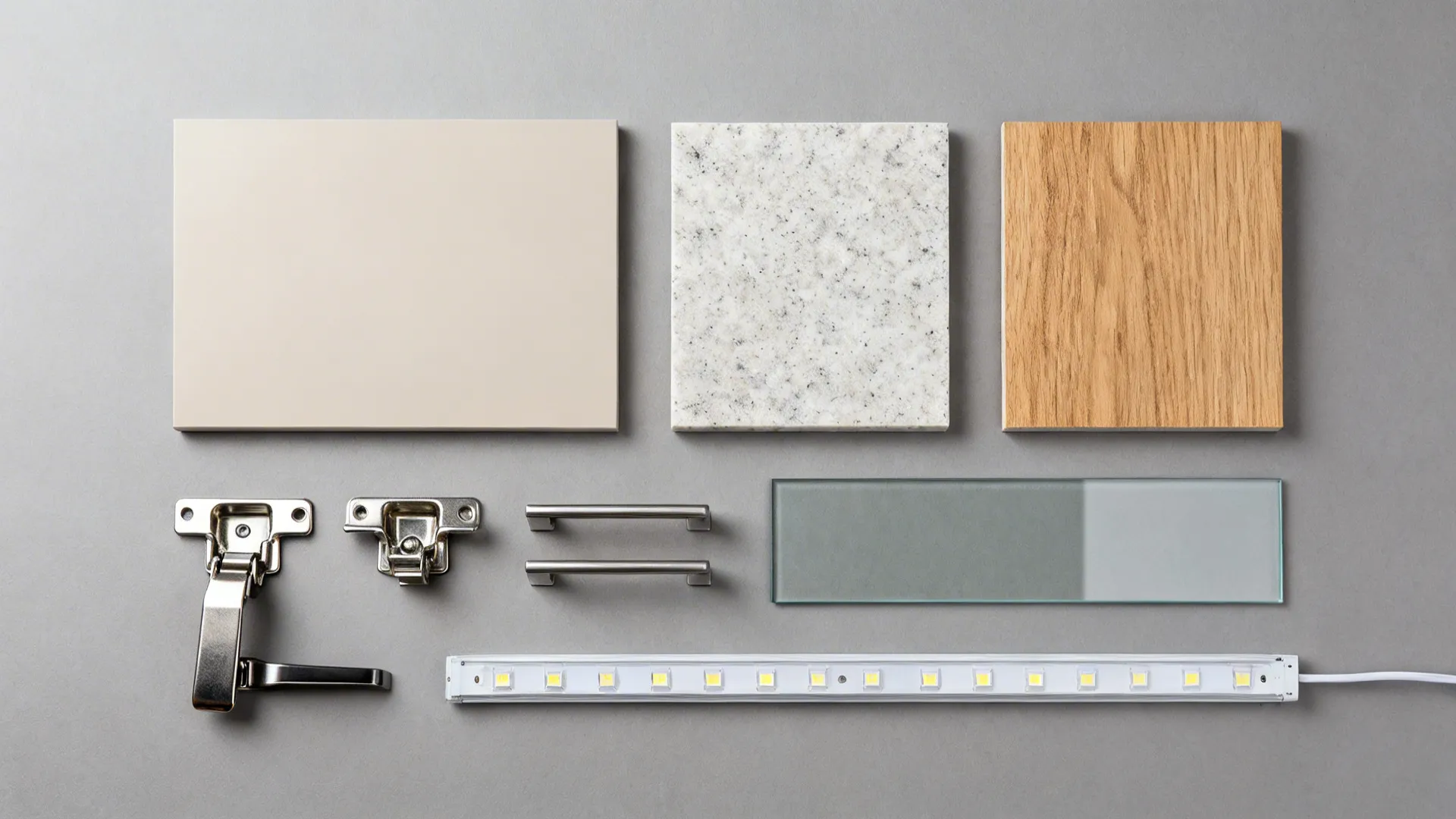 Flat lay of light matte laminate, warm wood laminate, quartz, glass, and soft-close hardware.