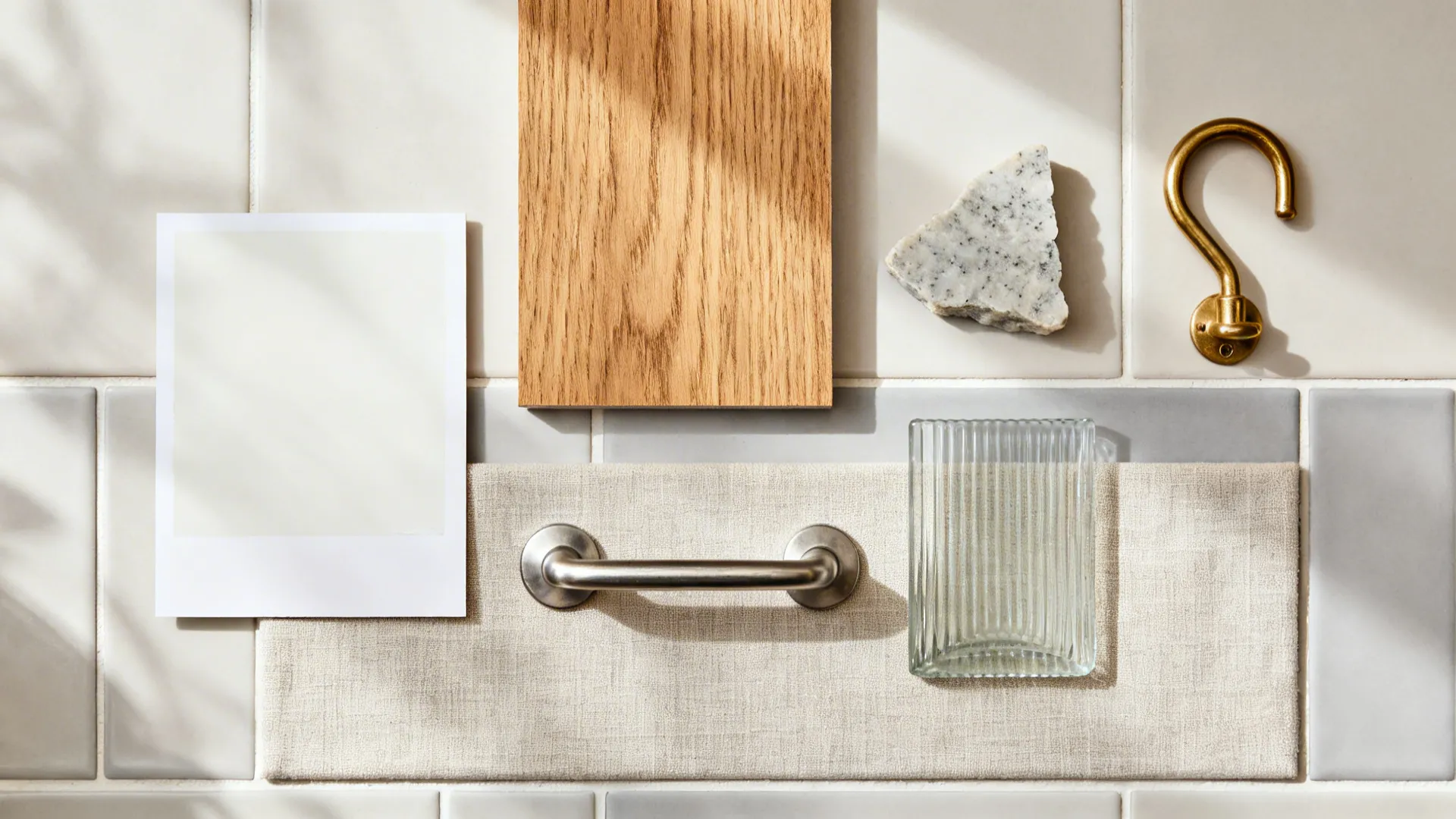 Flat lay of soft white paint, rift oak veneer, quartz, reeded glass, and metal hardware.
