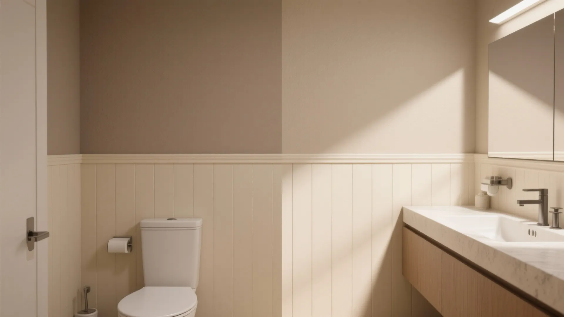 Bathroom interior with beige wall panel white toilet sink cabinet and a large mirror with light