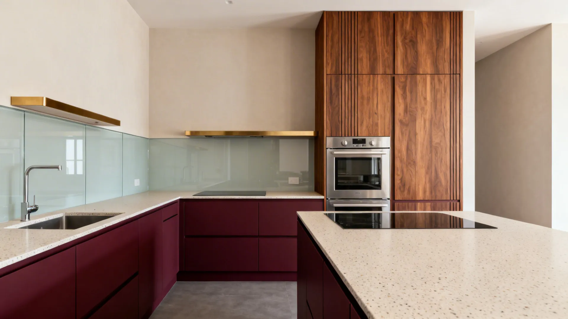 Two-tone stack: meroon lowers + warm wood grain towers