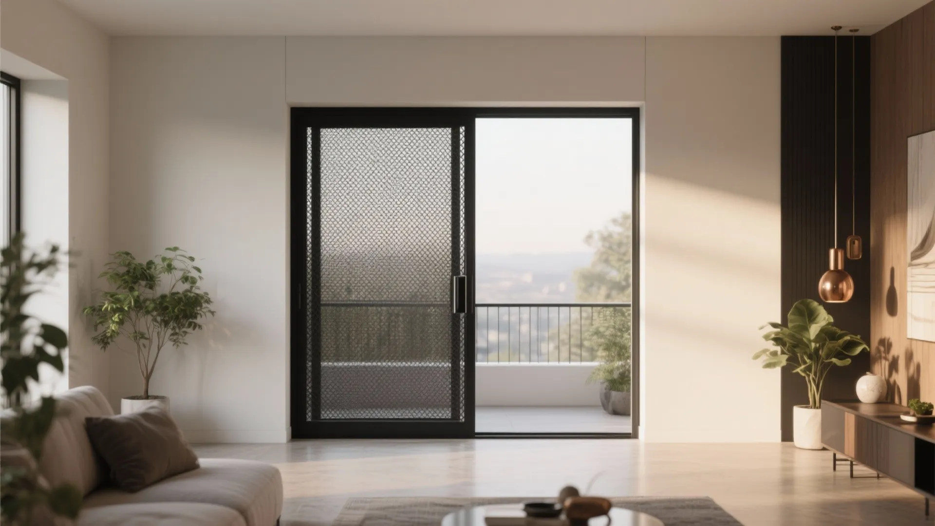 Living room featuring a black frame sliding door with mesh screen and warm pendant lights