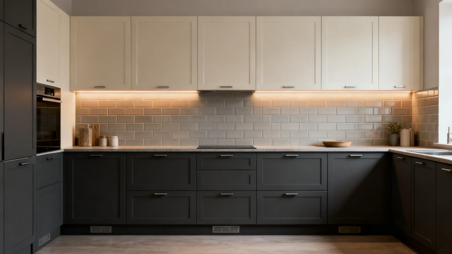 Two-tone kitchen with dark matte lower mica cabinets and light upper cabinets for balance.