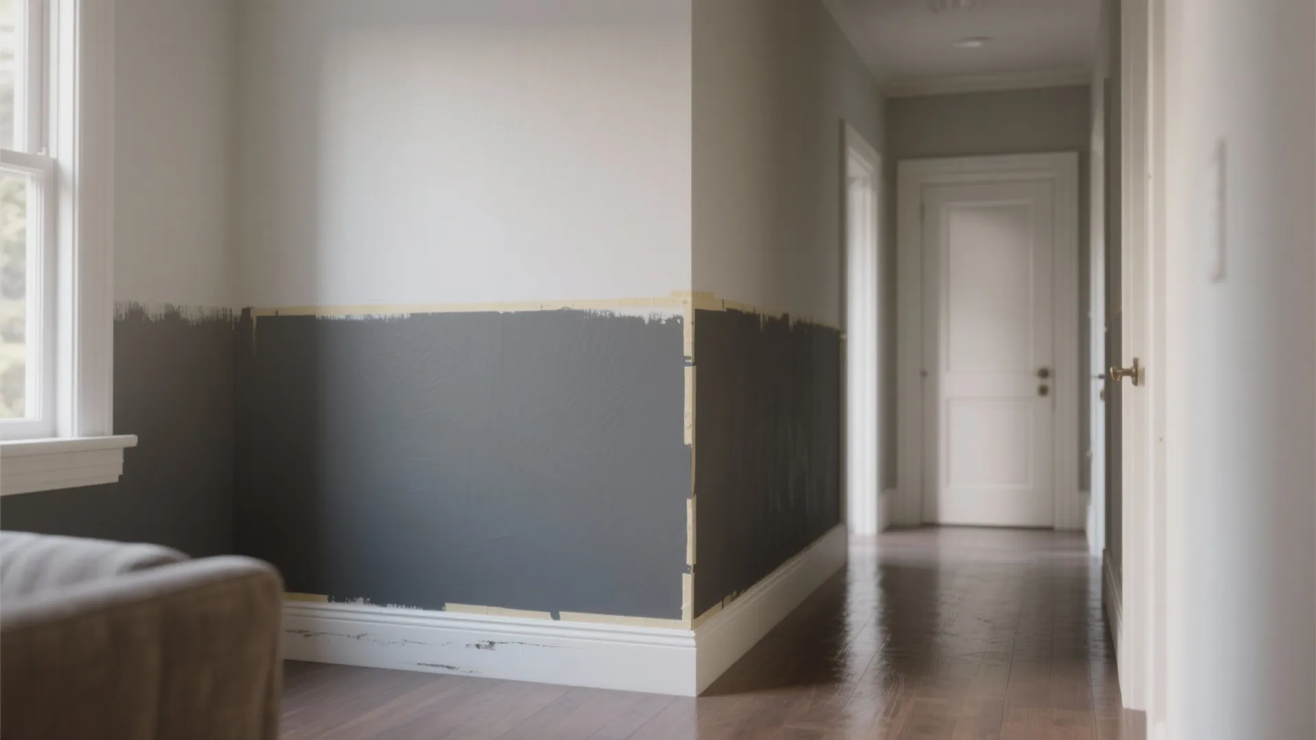 A white hallway wall being painted grey with masking tape used to create straight lines