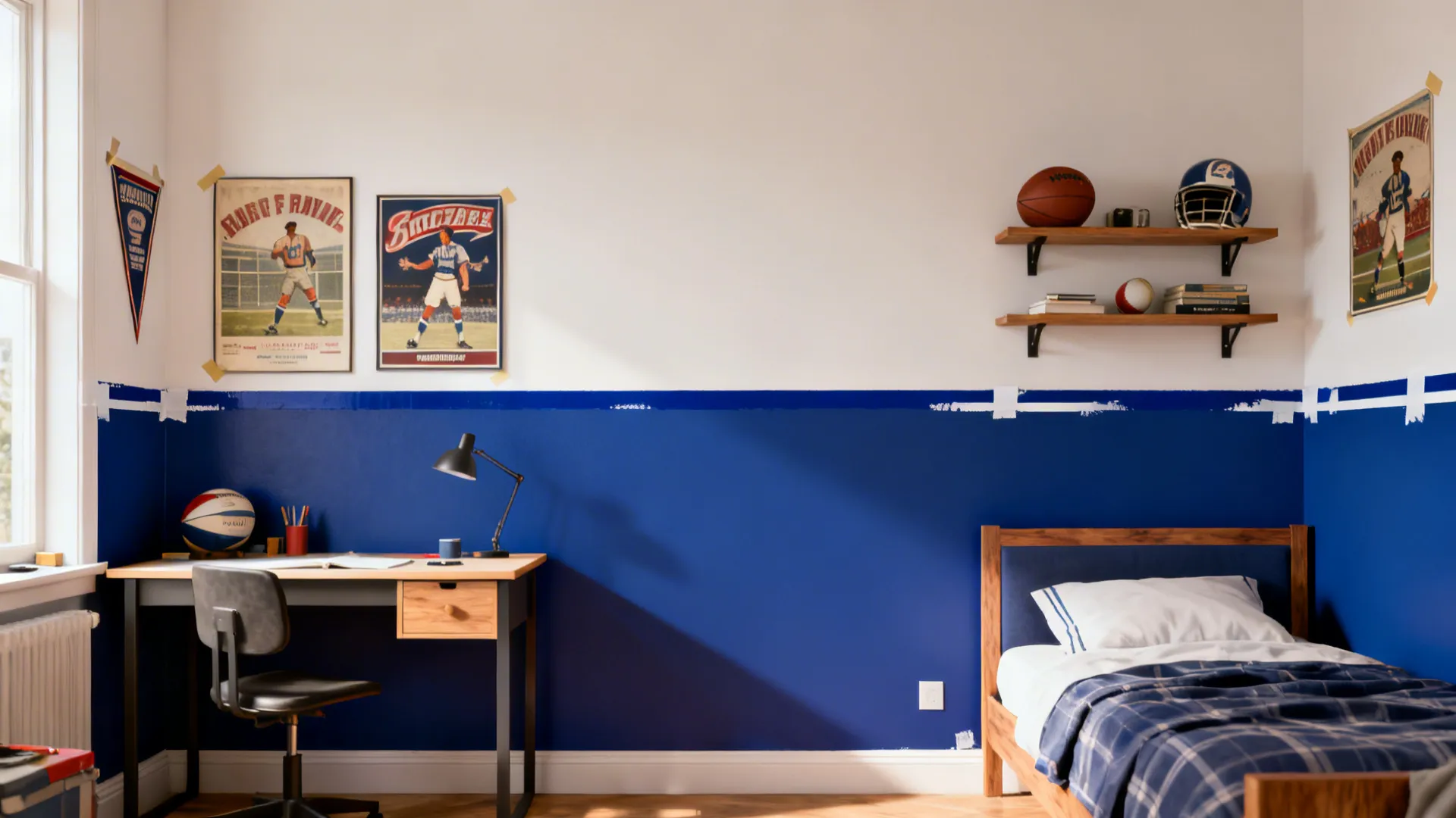 Interior showing a crisp two-tone wall with a bold midline separating light upper and deep blue lower paint.