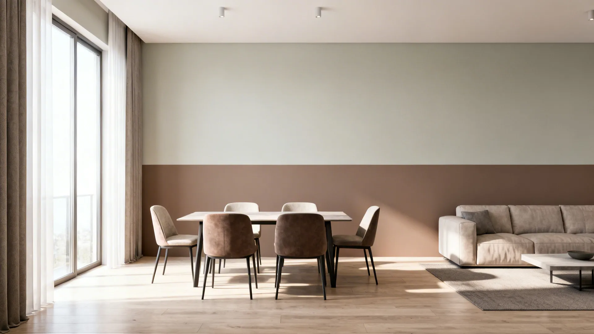 Modern dining room featuring two tone wall paint with wooden table plus chairs and windows