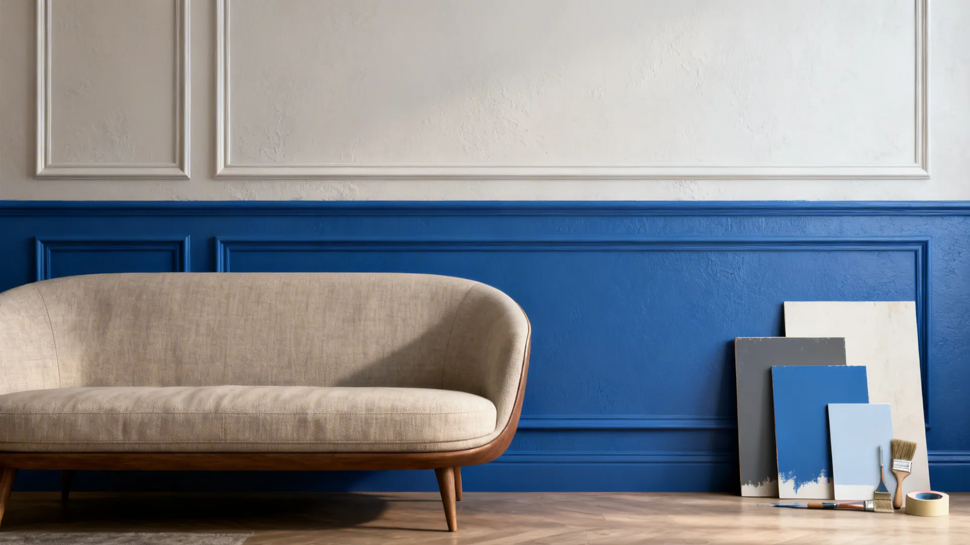 Modern living room with white and blue wall panel, beige sofa, and blue paint samples