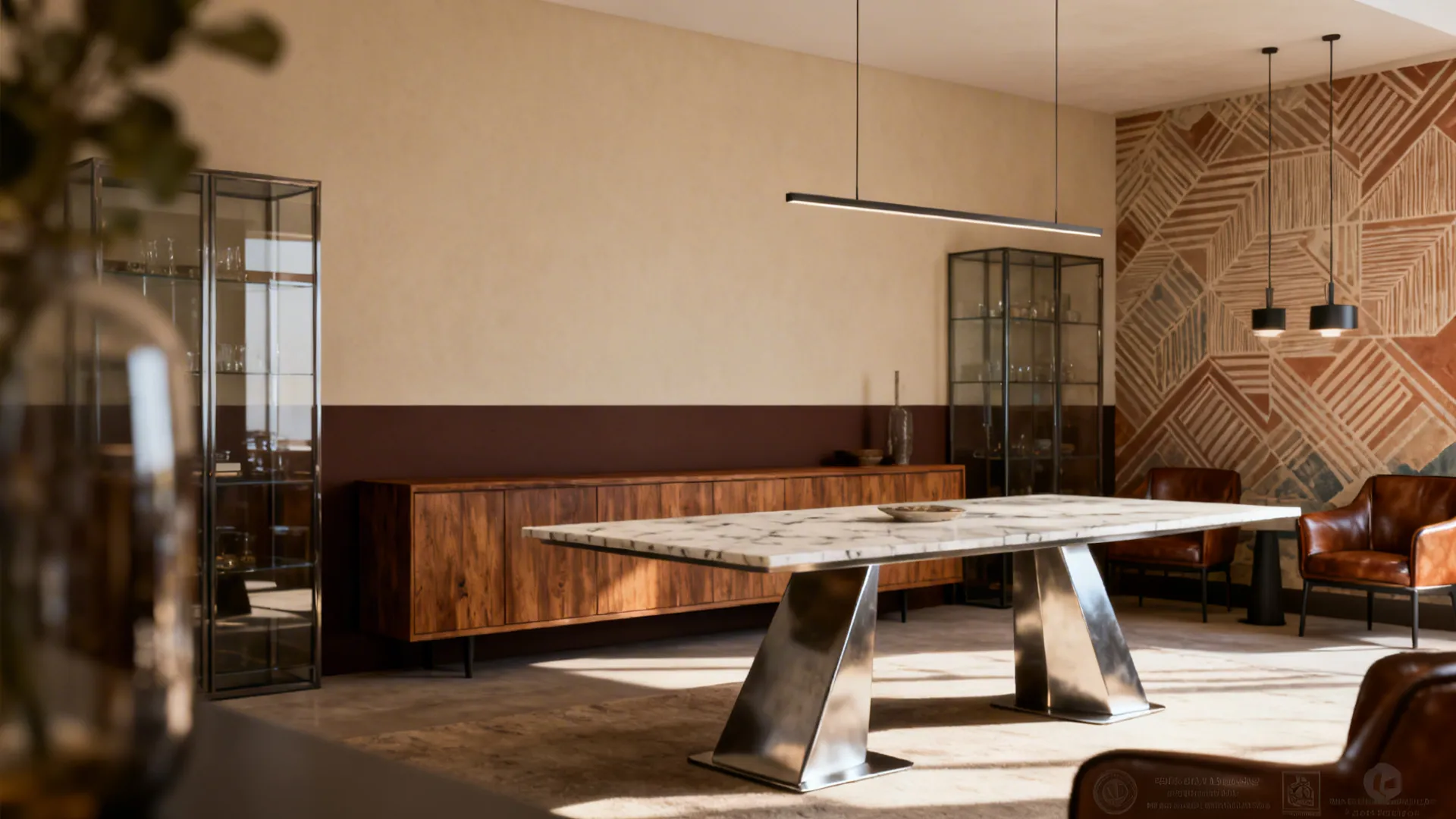 Dining room with a two-tone painted band behind a buffet and an option showing a restrained mural accent.
