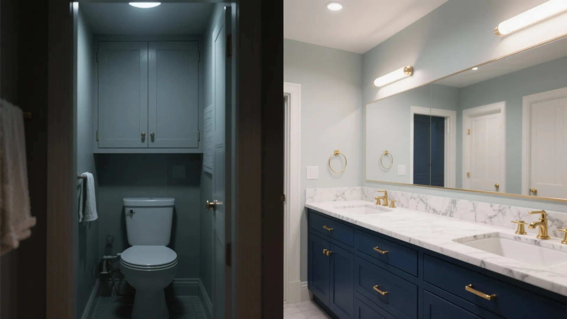 Before and after of a small bathroom updated with two-tone navy cabinetry, white countertop and gold hardware