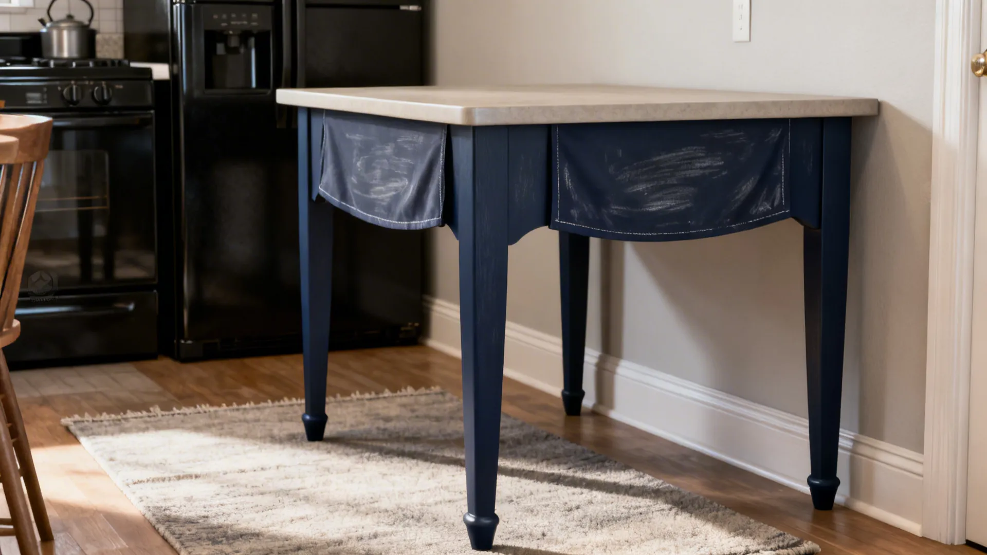Two-tone kitchen table with a pale greige top and deep navy dipped legs in a small nook.