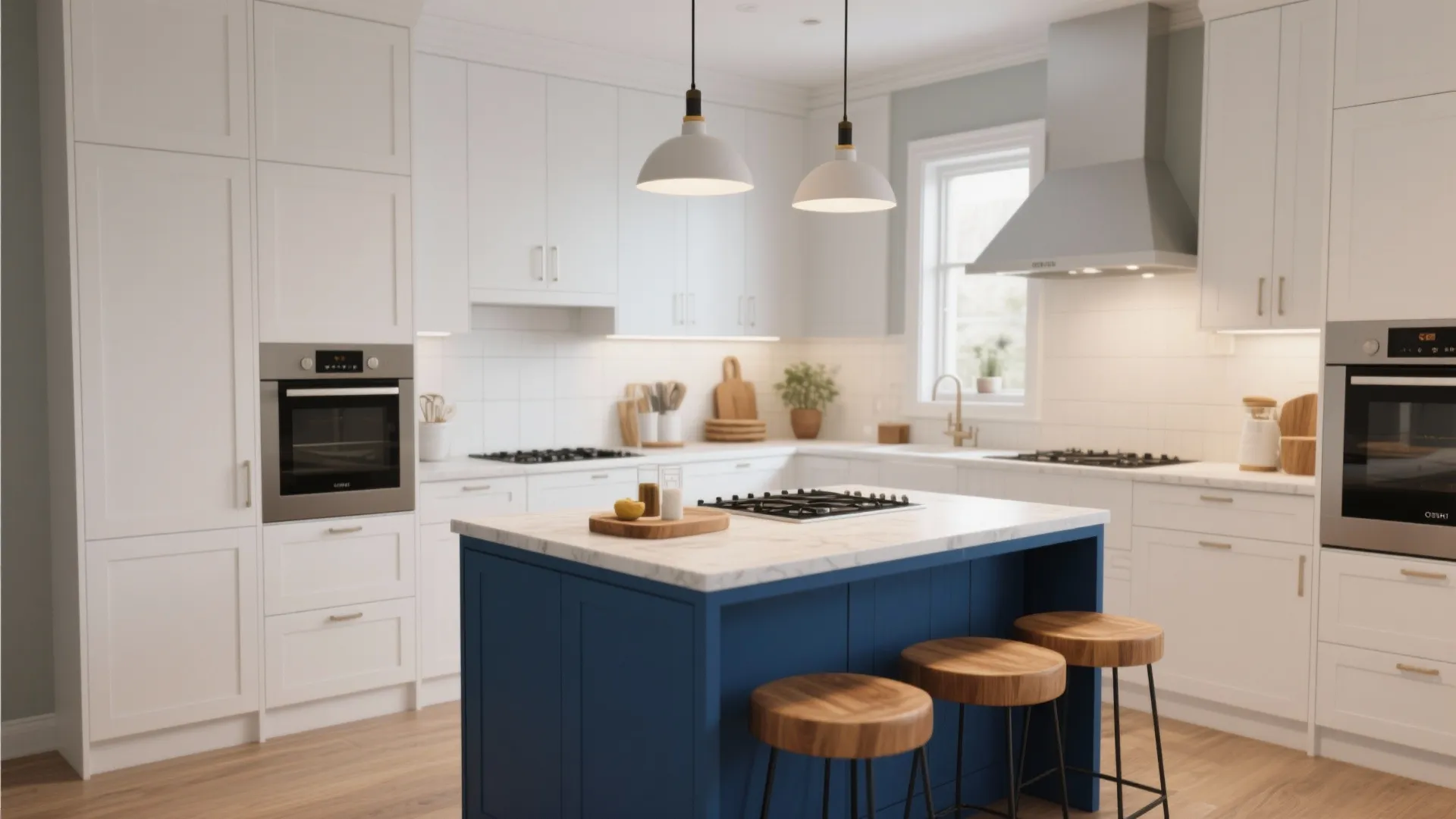 3. Two-tone base: white floor cabinets with a colored island