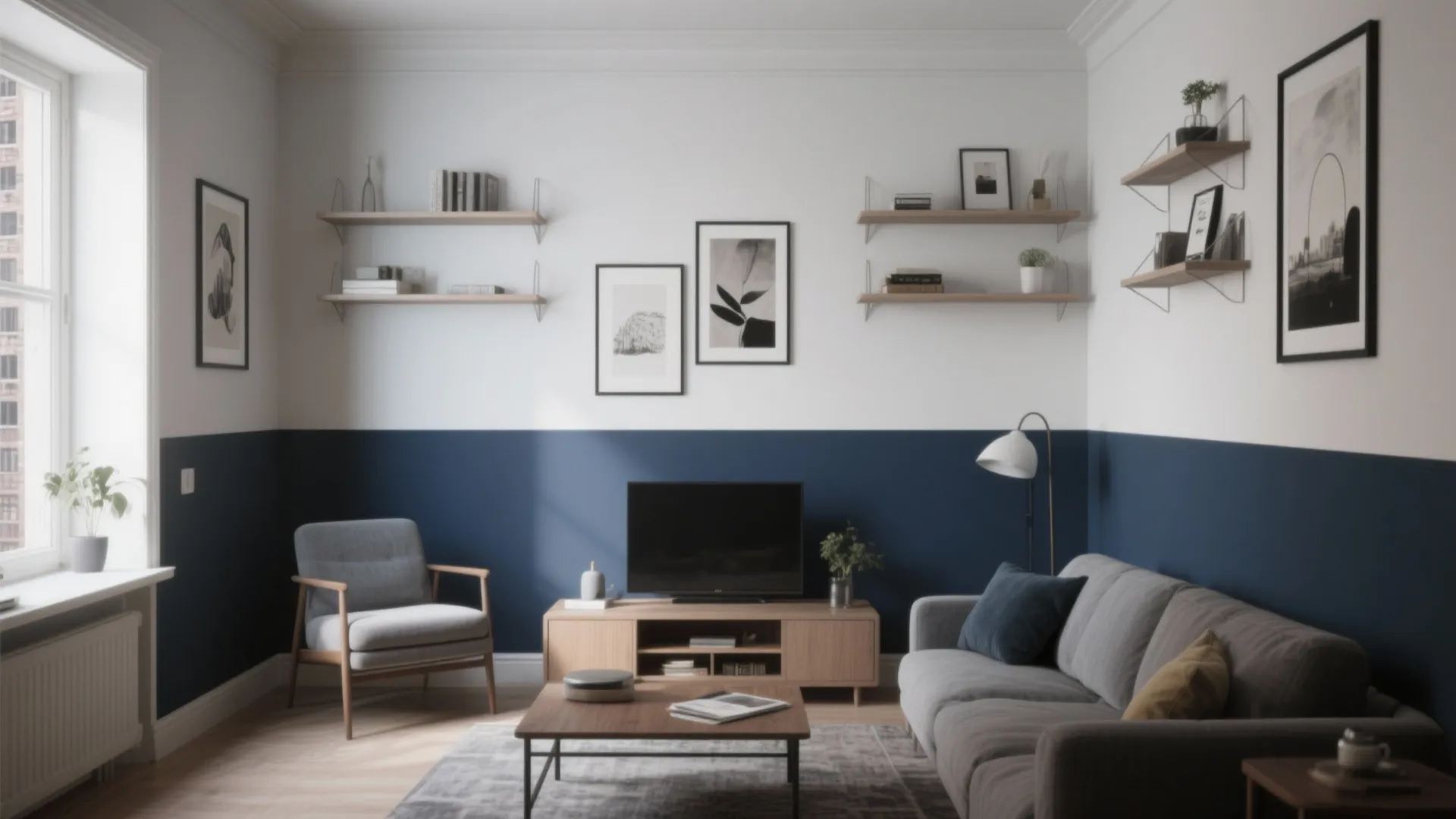 Living room interior with navy and white walls grey sofa wooden cabinet and wall shelves