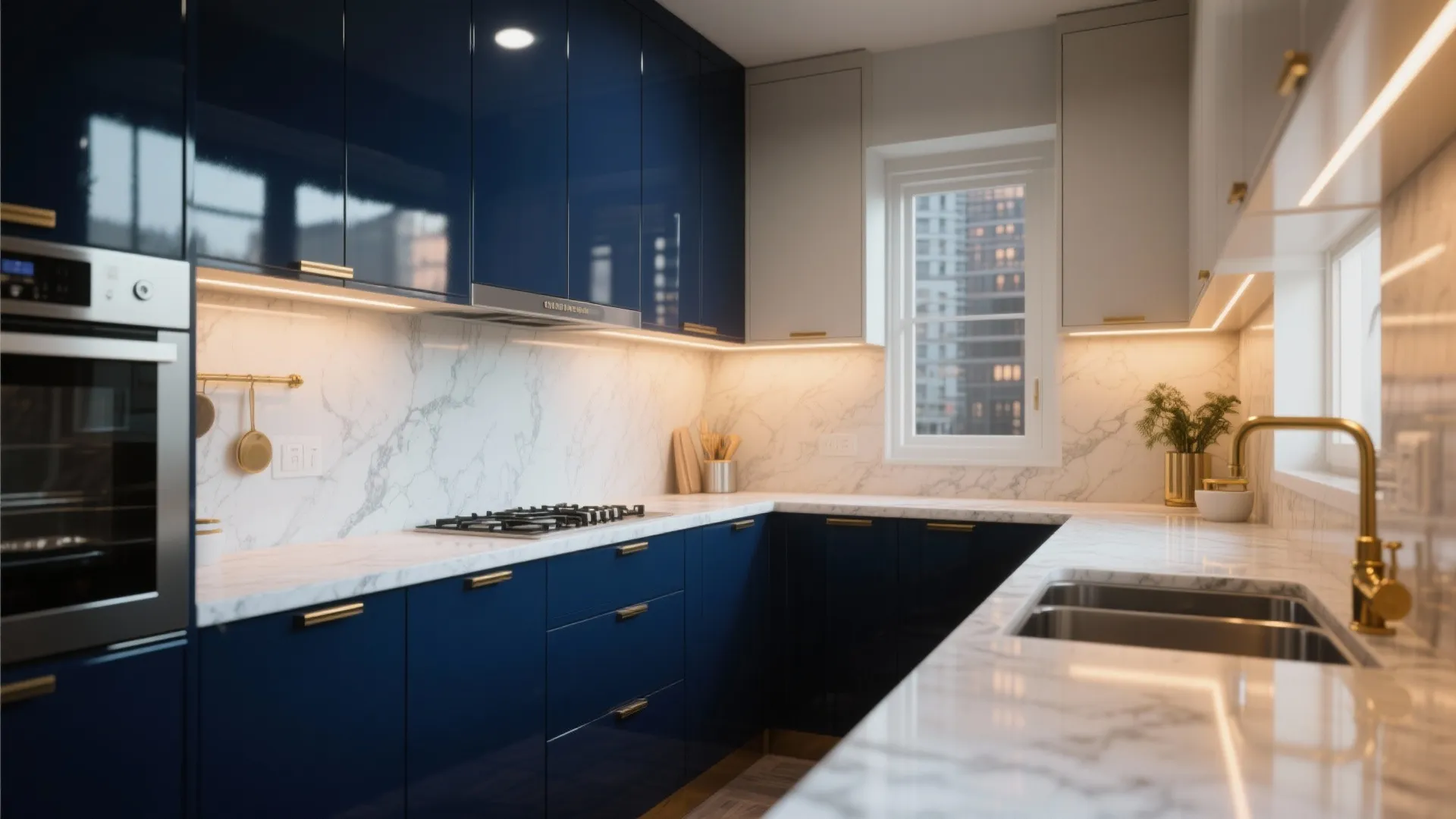 Modern navy blue kitchen with white marble countertops gold faucet double sink and built in oven