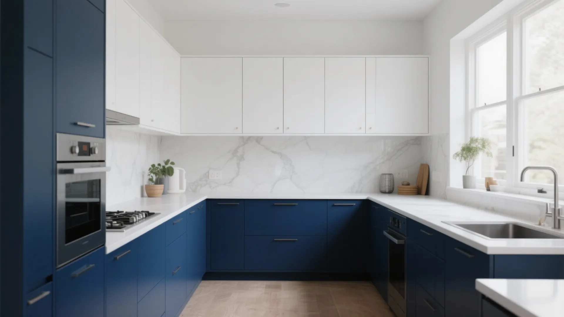 Modern kitchen with blue lower cabinets white upper cabinets marble backsplash and a large window
