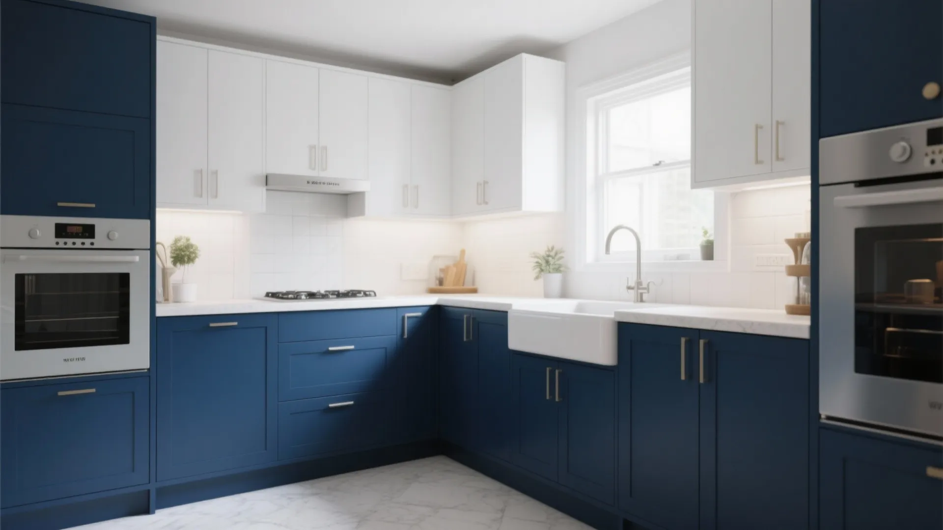 Small kitchen with navy lower and white upper cabinets