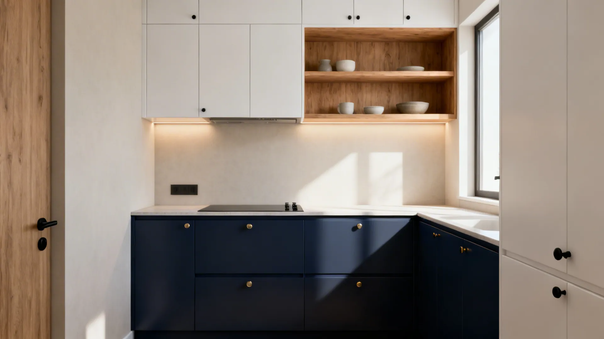 Navy base cabinets with soft white uppers and a wood-look open shelf in a small kitchen.