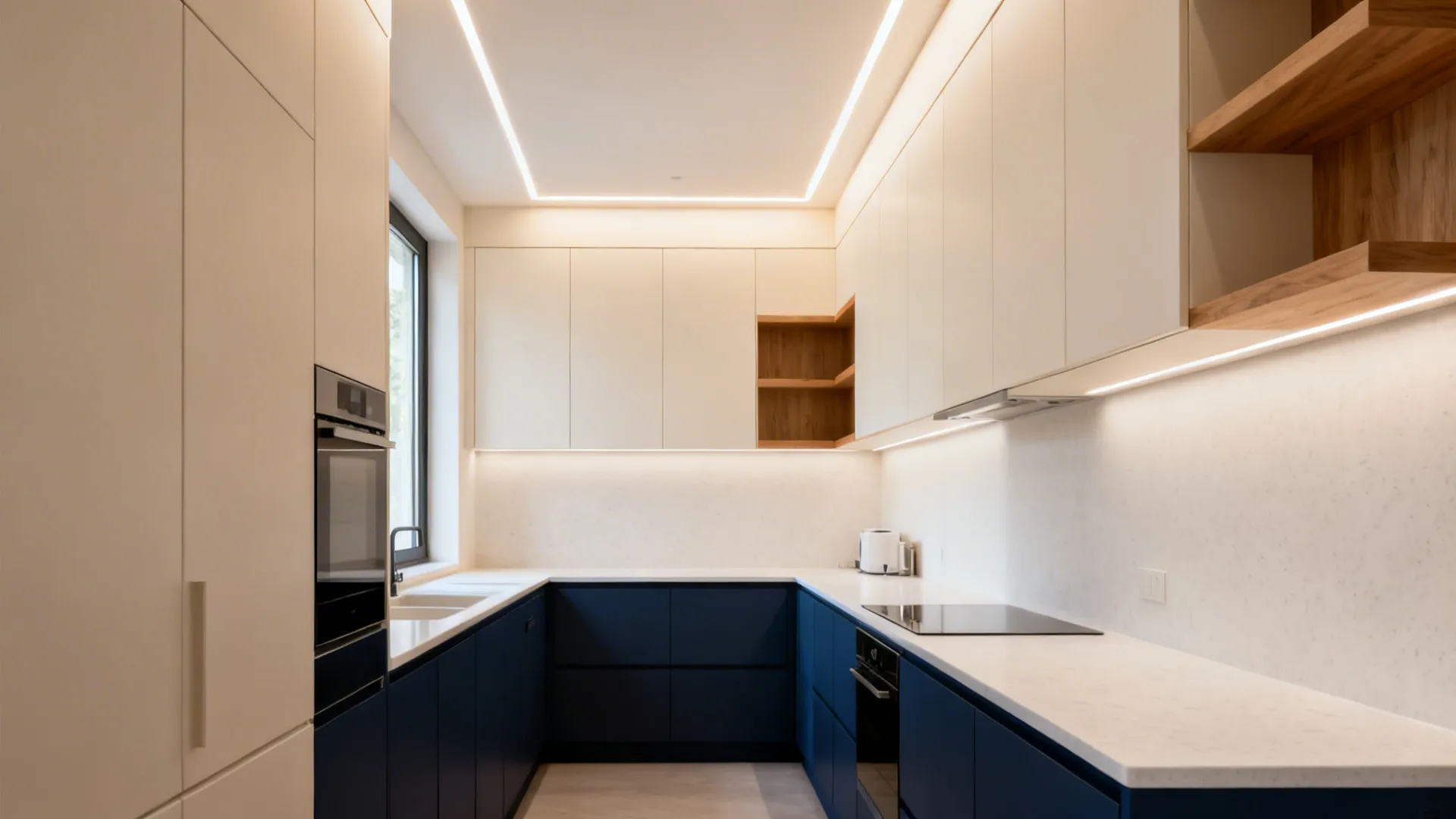 Two-tone kitchen with navy base cabinets and warm off-white uppers creating an airy feel.