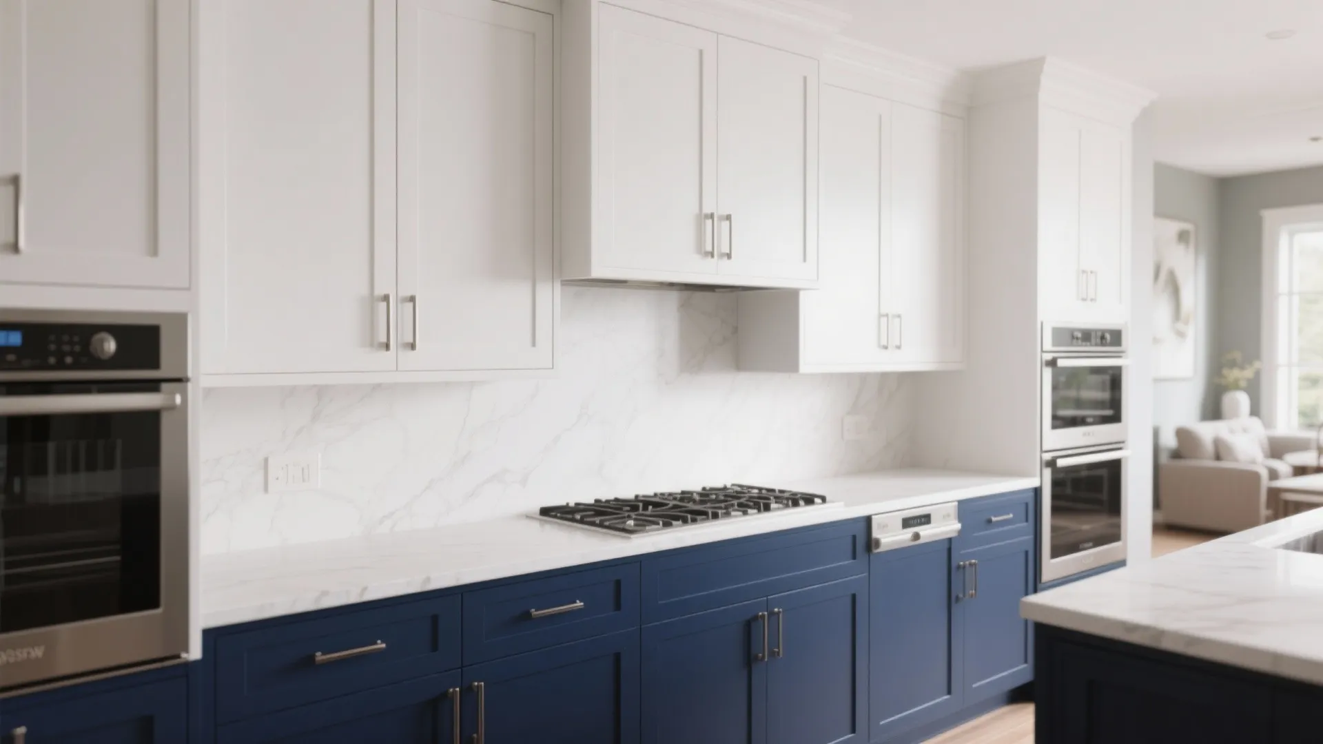 Kitchen with crisp white upper cabinets and deep navy lower cabinets