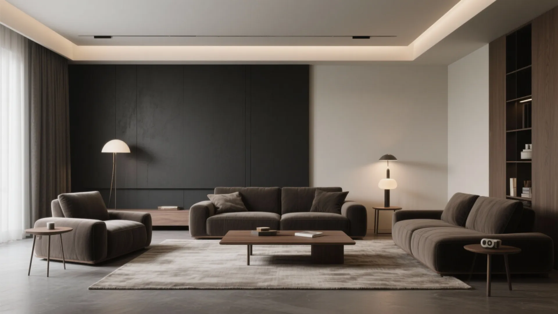 5. Two-Tone Neutrals — Dark Screen Wall, Lighter Peripheral Walls