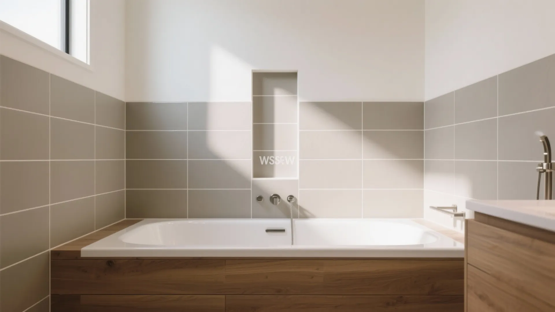White bathtub with wooden base grey wall tiles and a tall shelf niche in wall