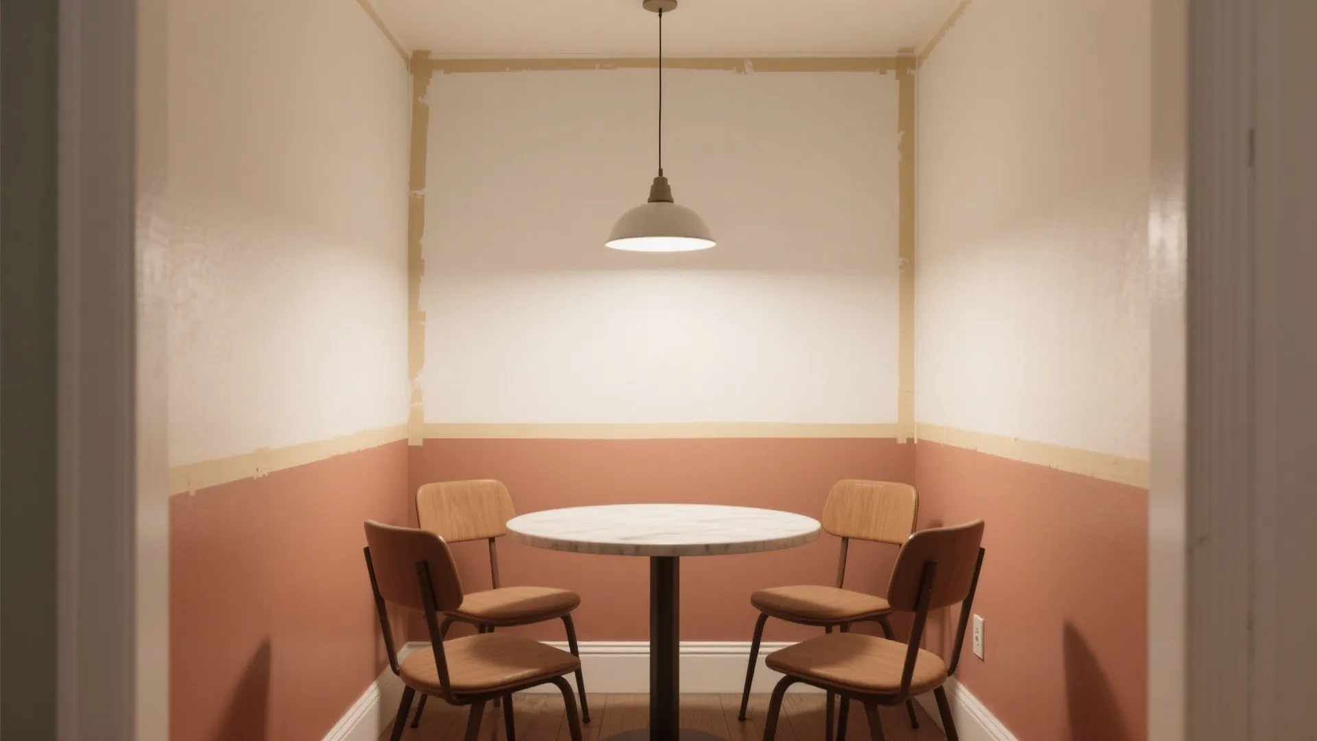 Dining area with pink and white wall paint round table wooden chairs and ceiling light