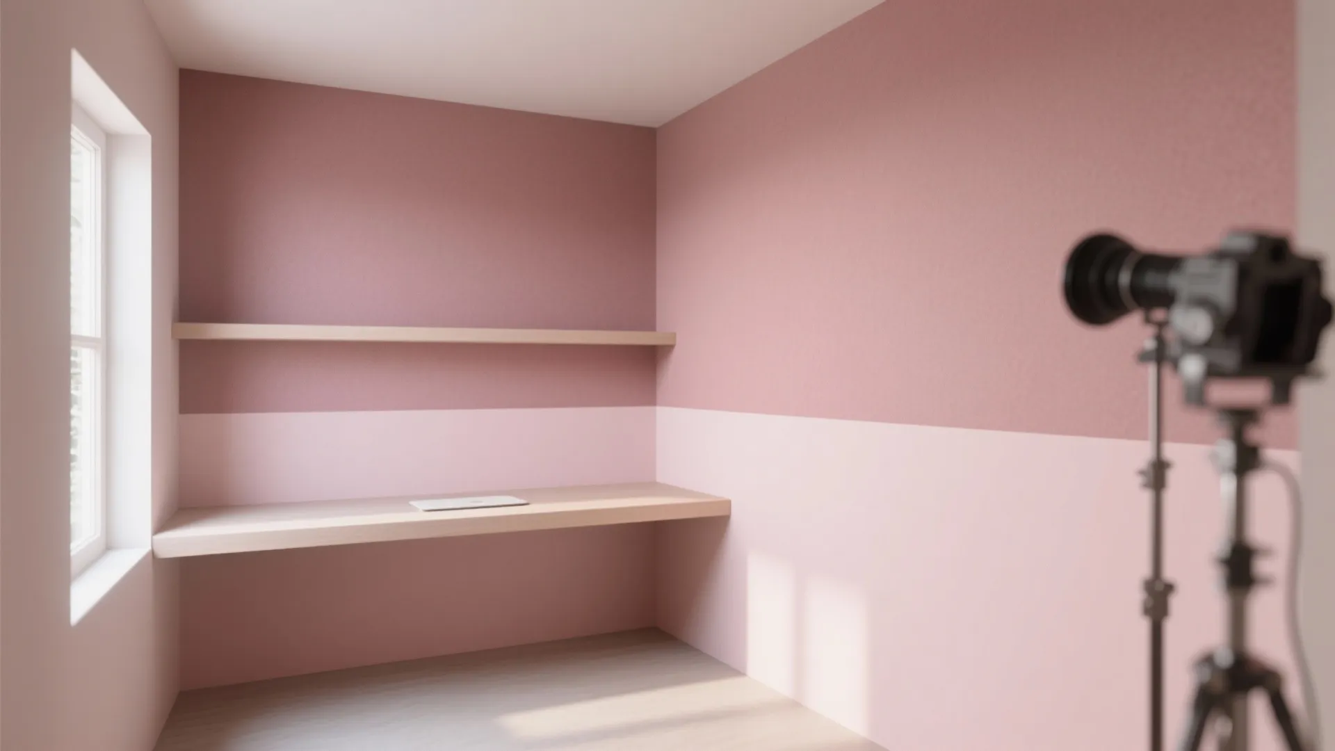 Pink home office nook with two-tone walls, wooden floating desk, shelf, window, and professional camera