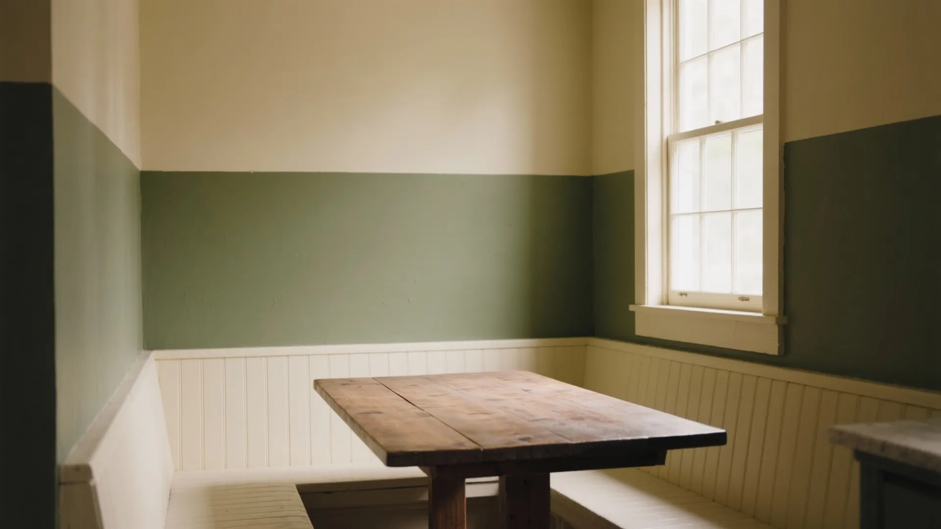 Small dining nook with green and white wall panel plus a simple wooden dining table