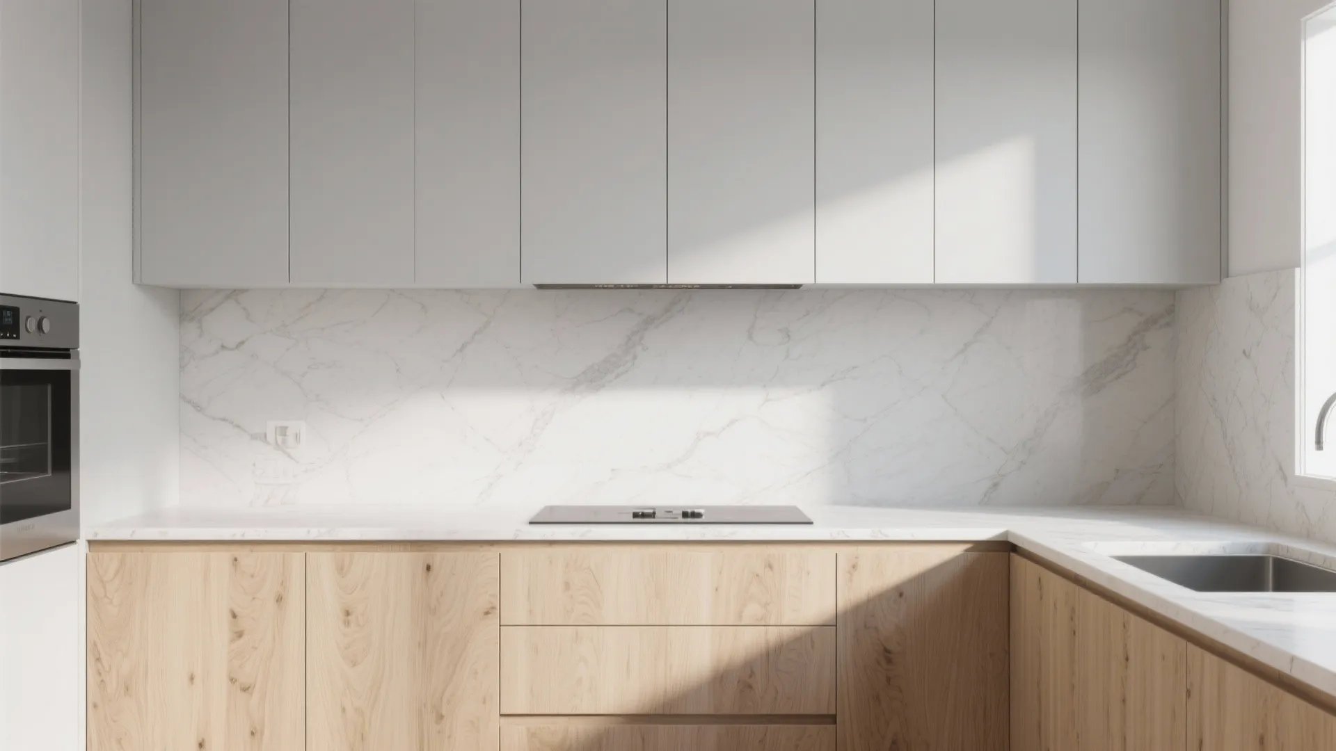 Two tone kitchen design featuring white upper cabinets and light wood lower cabinets with marble