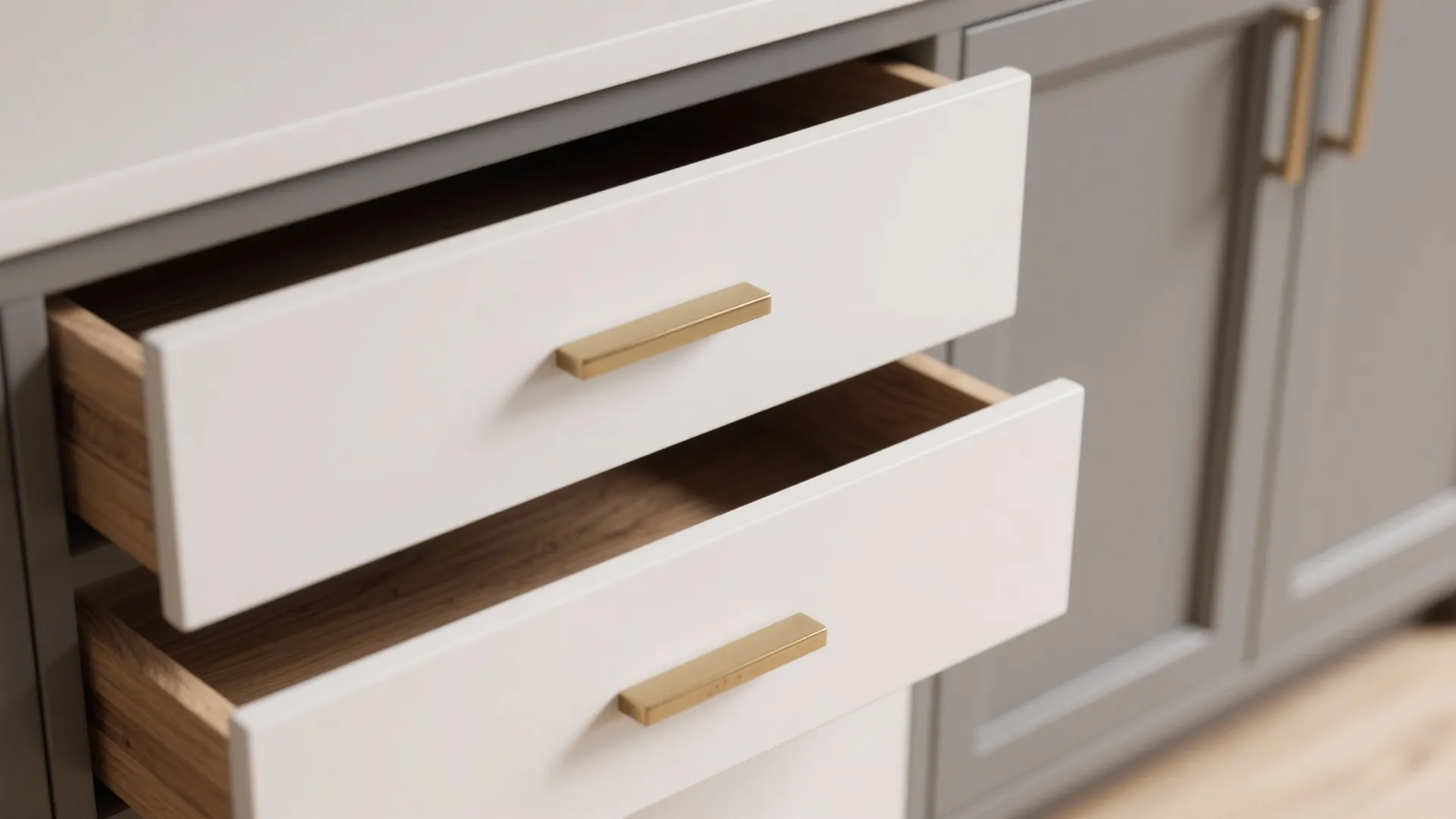 Two-tone bathroom cabinets with white oak faces and soft gray frames with brass hardware.