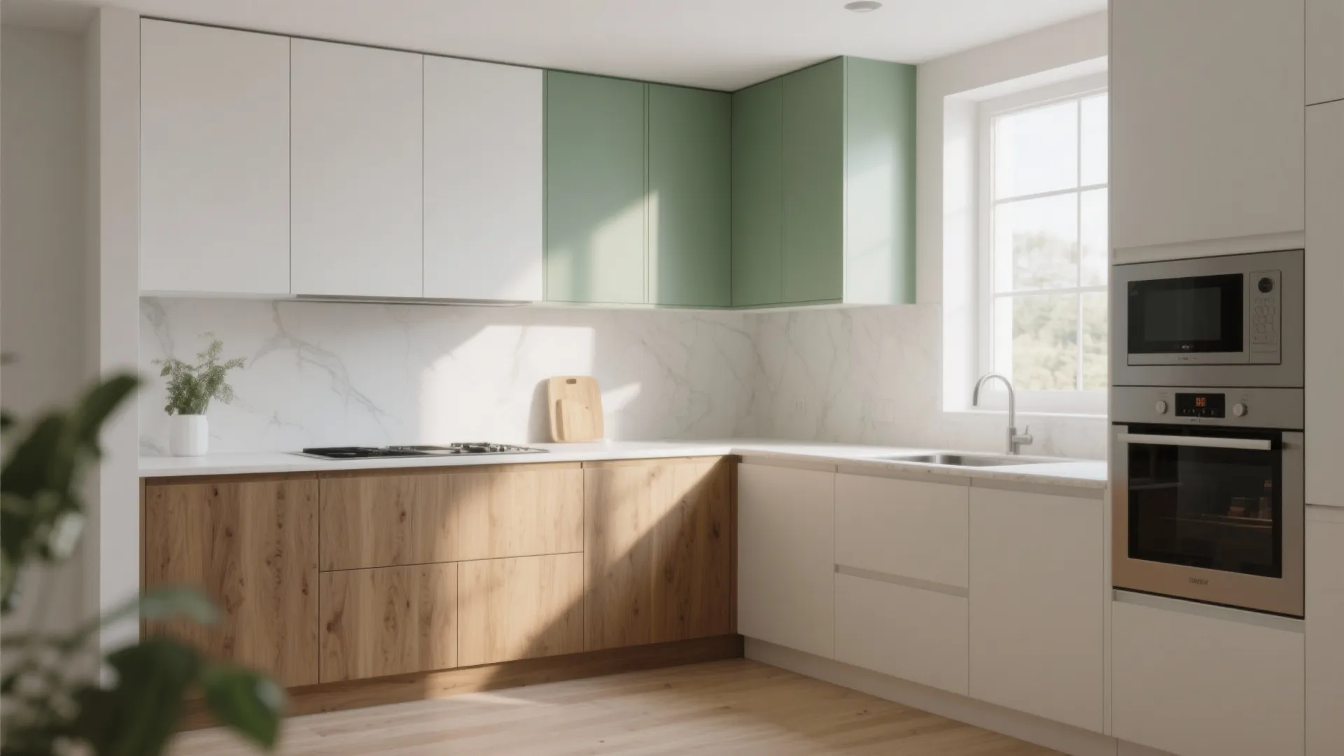 Modern kitchen featuring white and green upper cabinets wooden lower cabinets marble backsplash and built oven