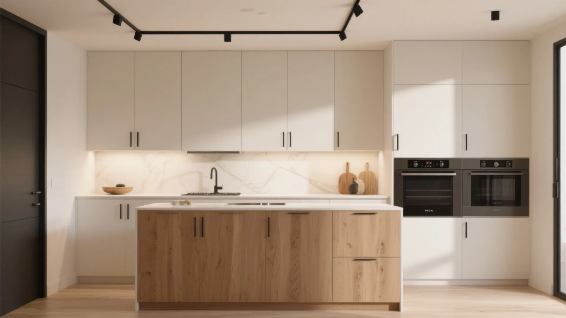 Modern kitchen with white upper cabinets wooden island black track lighting and built in double oven