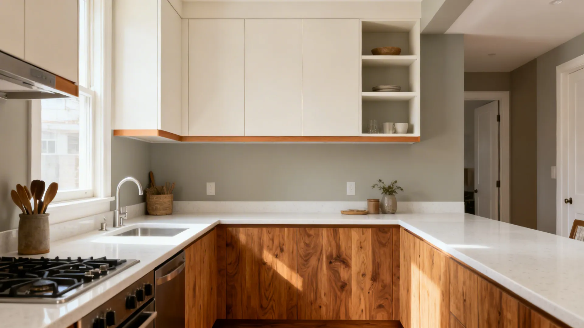Two-tone kitchen with oak base cabinets and warm off-white uppers